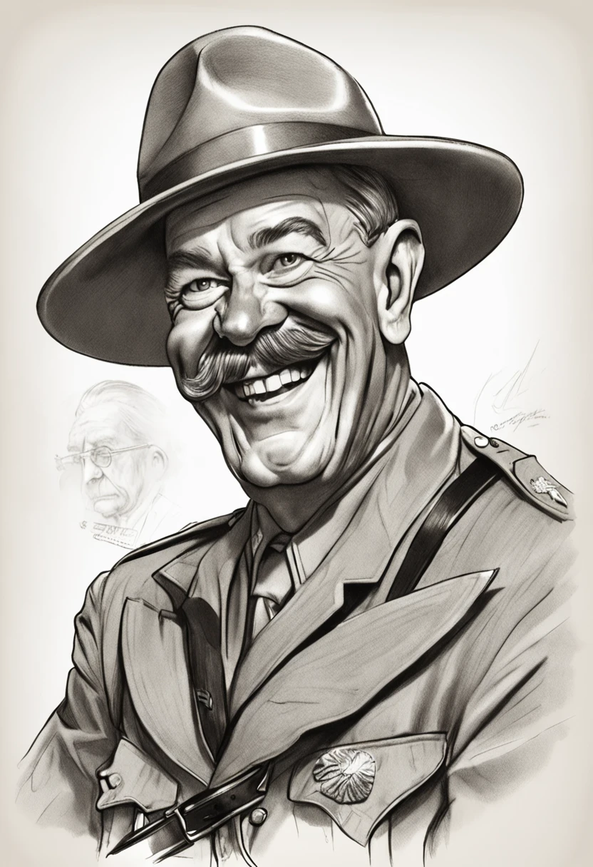 Caricature pencil,General of World War II, ssmile, Wearing a gaucho costume, Sketch style