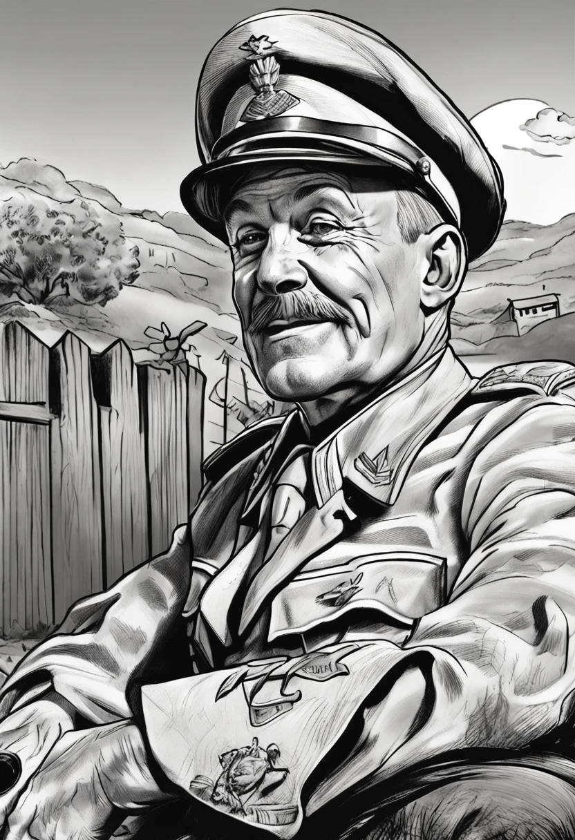 Caricature pencil,General of World War II, ssmile, Wearing a gaucho costume, Sketch style