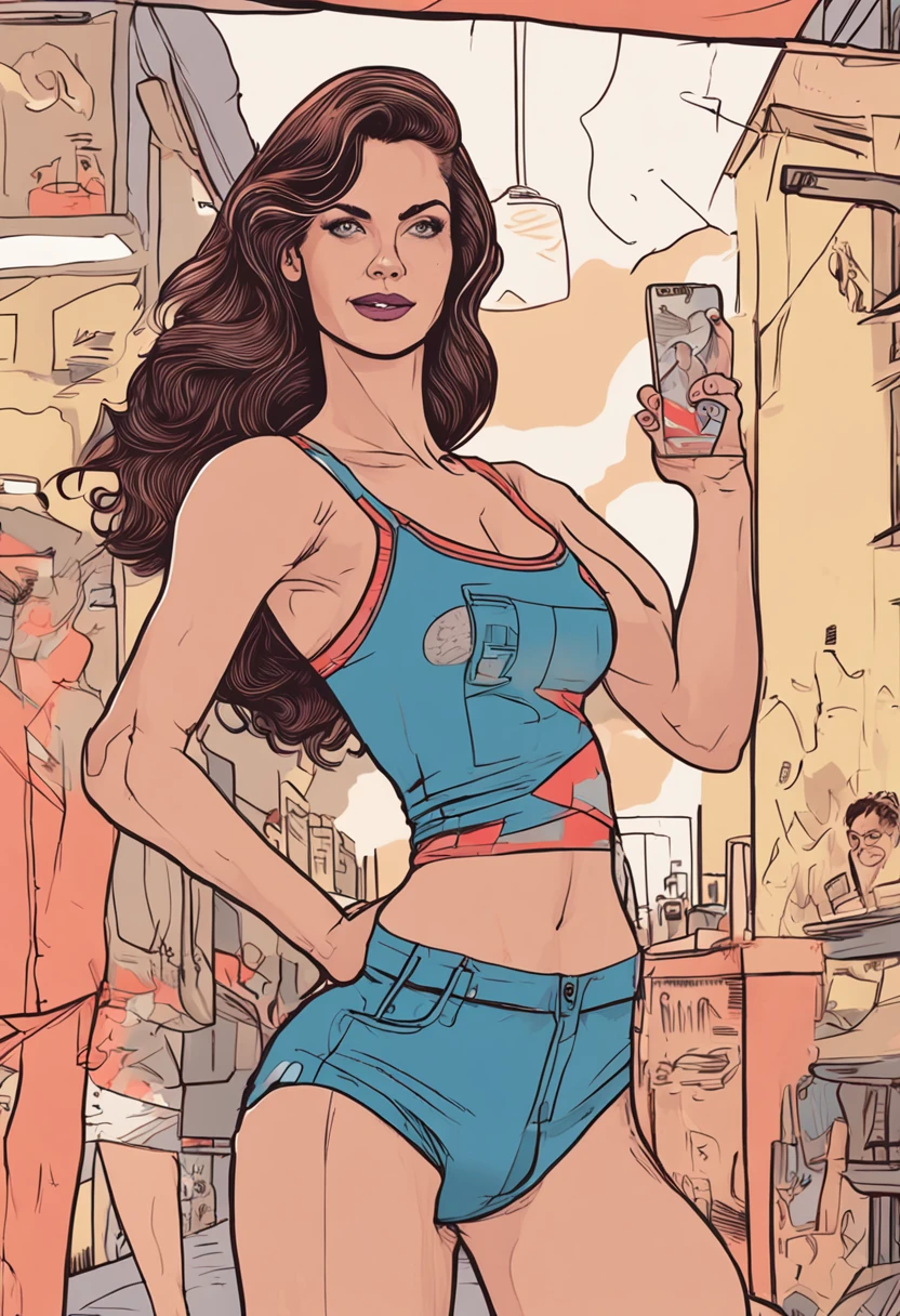 (1 gir), ((Alexandra Daddario)), wearing short and tight T shirt, extremely short pants, dancing on the disco dance floor,, a blue T-shirt short and tight, short pants, covers more than half of her breasts in sensual manner, She tried to cover her breasts with one hand, made her breasts more attractive, Her lower body was wearing extremely short panties, Her other hand seemed to be covering her naked lower body, a smile on her face, her whole body is displayed to the camera while in the bed, her whole posture was extremely attractive, seductive pose, she is an adult actress, slutty sexual vibes((the most beautiful woman in the world)), perfect body, perfect nose, ((well-groomed teeth)), high definition, best quality, ultra-detailed, extremely delicate, high details, ((anatomically correct)), symmetrical face, extremely detailed eyes and face, high quality eyes, UHD, 8k, RAW photo, (Natural light), (professional lighting:1.5), photorealistic, realistic, ((beautiful woman)), goddess, femminine, attractive, ((masterpiece:1.5))