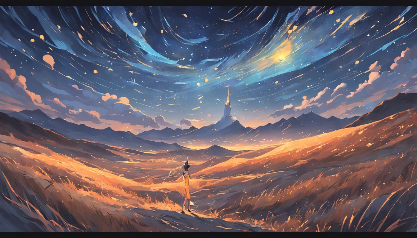 A breathtaking,Van Gogh-inspired starry night sky over a quaint,the undulating desert,vast and boundless,