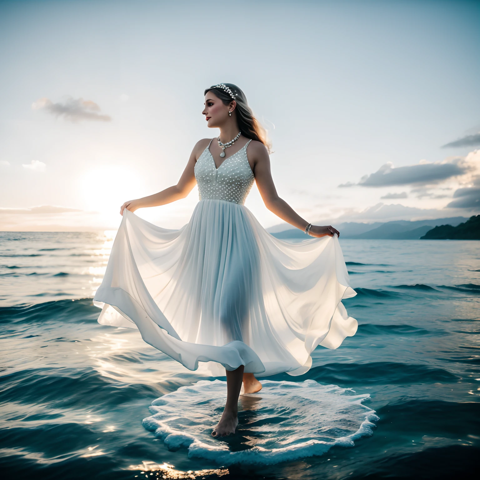 Old woman in white dress standing in sea water with flowing dress, conchas, pale skinned, de colar de diamante, Pearls in water, a noite, starly sky, sky with galaxy, ........lua, Como uma deusa, walking on water, mulher iluminada, blue water, wearing a white flowing dress, white flowing dress, she is floating in the air, flowing white robes, tiptoeing, Flowing dress, lindo vestido branco longo longo, Wearing a flowing dress, flutuando no ar, vestido branco longo, Pose flutuante elegante, cabelo flutuando ao vento, Girl in white dress dancing, mistic