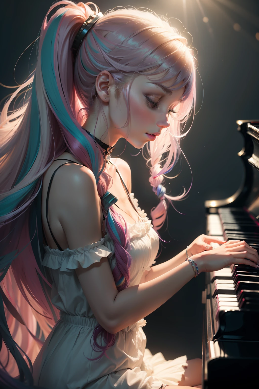 piano　Playing the piano keys　Hit the key　girl with　Hair long　Lashes　colourfull　Active　pop music　Music　Artistically　art by　colourfull　natural soft light　Steinway　music　stage
