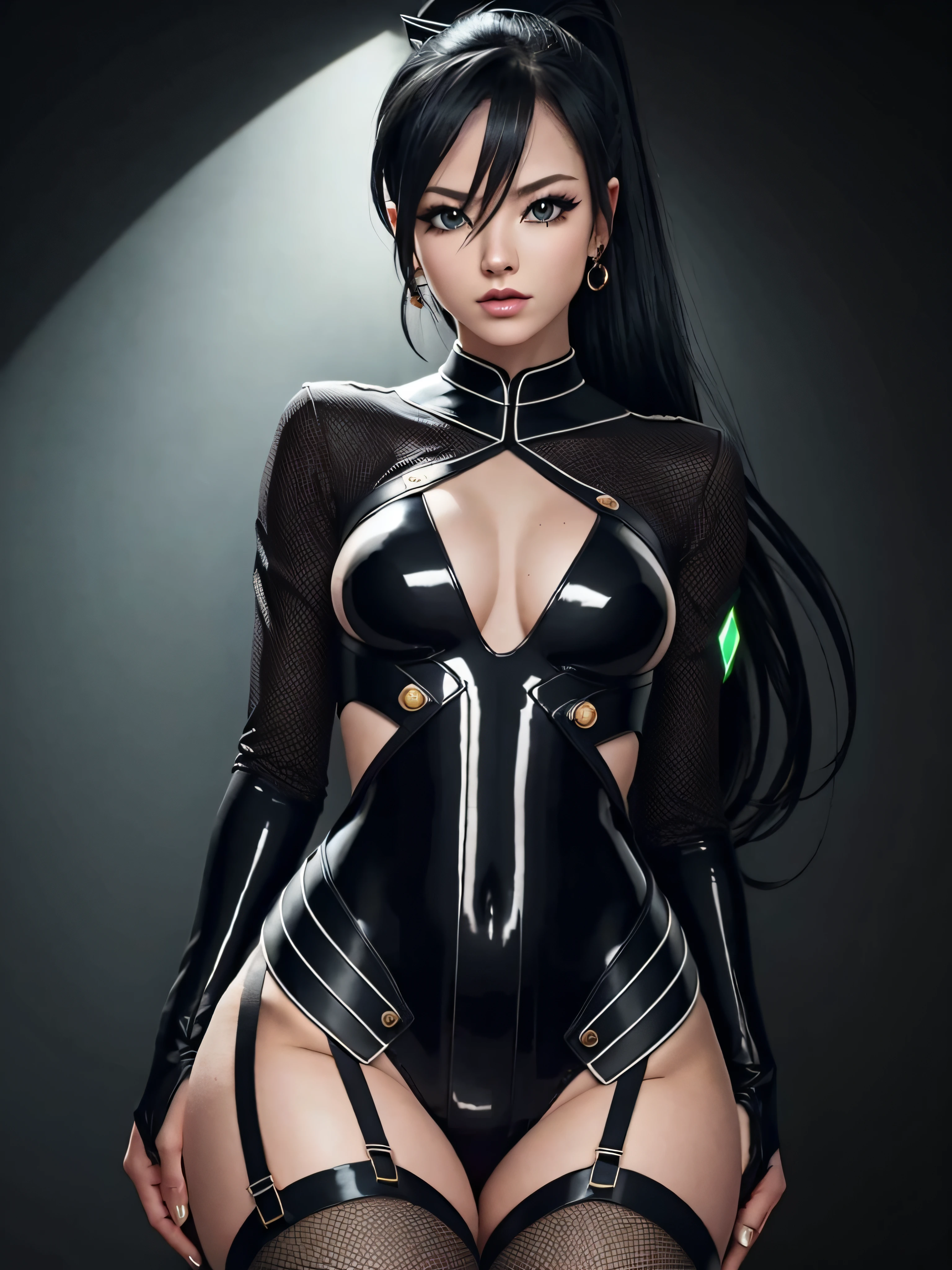 (hyper extreme detailed),masterpeace,(hyper extreme),(photorealistic),CG,(colour:1.2), beautiful lighting,light from the front, solo, fuuma_tokiko,black hair,long hair,ponytail,black leotard,black thighhighs,garter_straps,black elbow_gloves,green gemstone,jewelry,highleg_leotard,thigh_boots,covered navel,
