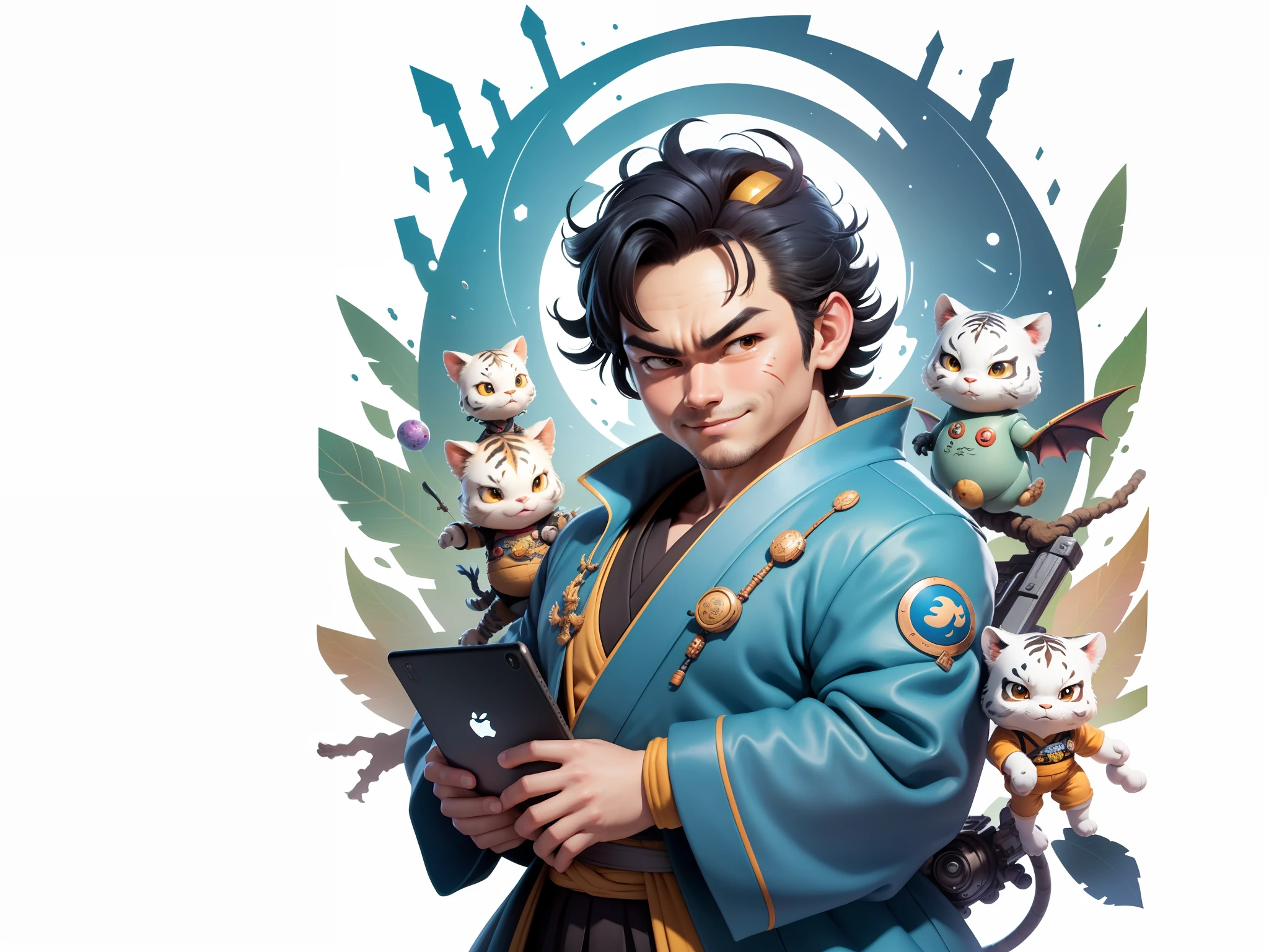 (Masterpiece), (Excellent), (Super Meticulous), (Full Body: 1.2), Super Young Man, Oriental Face, Japanese Kimono, Japanese Wind Thunder God, Dragon, Tiger, TV Anchor, Bust Portrait Illustration, Alone, Black Suit, Blue Tie, Slightly Chubby Face, Very Clean Face, No Beard, Black Super Short Hair, Black Eyes, Confident Smile, 3c Computer Sub-Products, iPad, iPhone, Digital Painting, 3D Character Design by Akira Toriyama and Mark Claireden and Pixar and Hayao Miyazaki, The illustration is a high-definition illustration in 4K resolution with very detailed facial features and cartoon-style visuals.