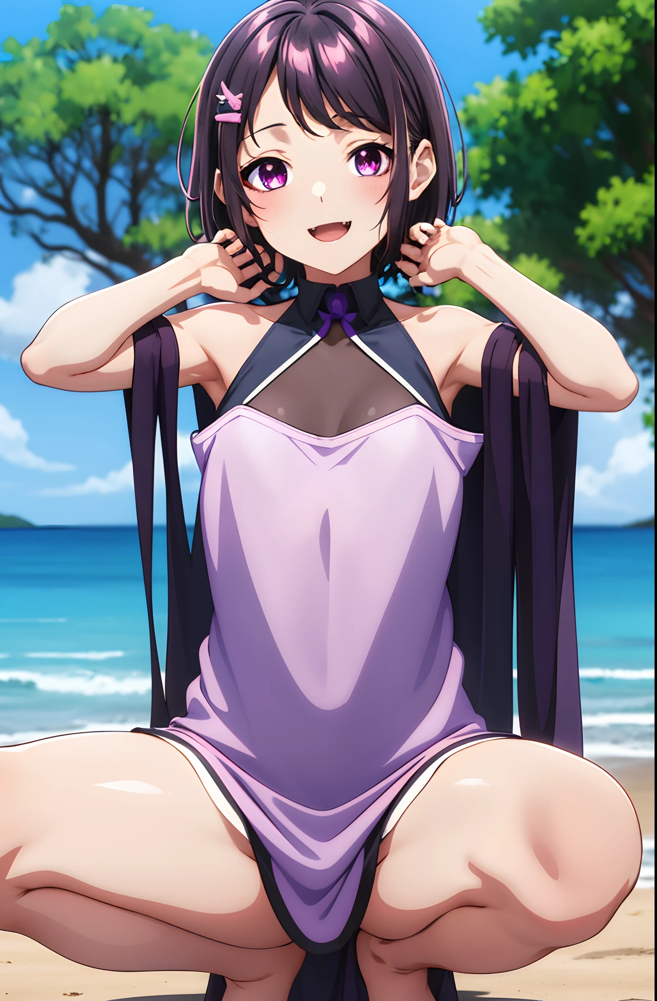 KaoriHojo, masterpiece, best quality, highres, 1girl, solo, fang, skin fang, short hair, (mole on thigh:0.8), bangs, hair behind ear, purple eyes, hair ornament, open mouth, beach, smile, squatting, small chest, short height, , flat chest, small, cleavage, ((bare shoulder)), exposed, loose shirt
