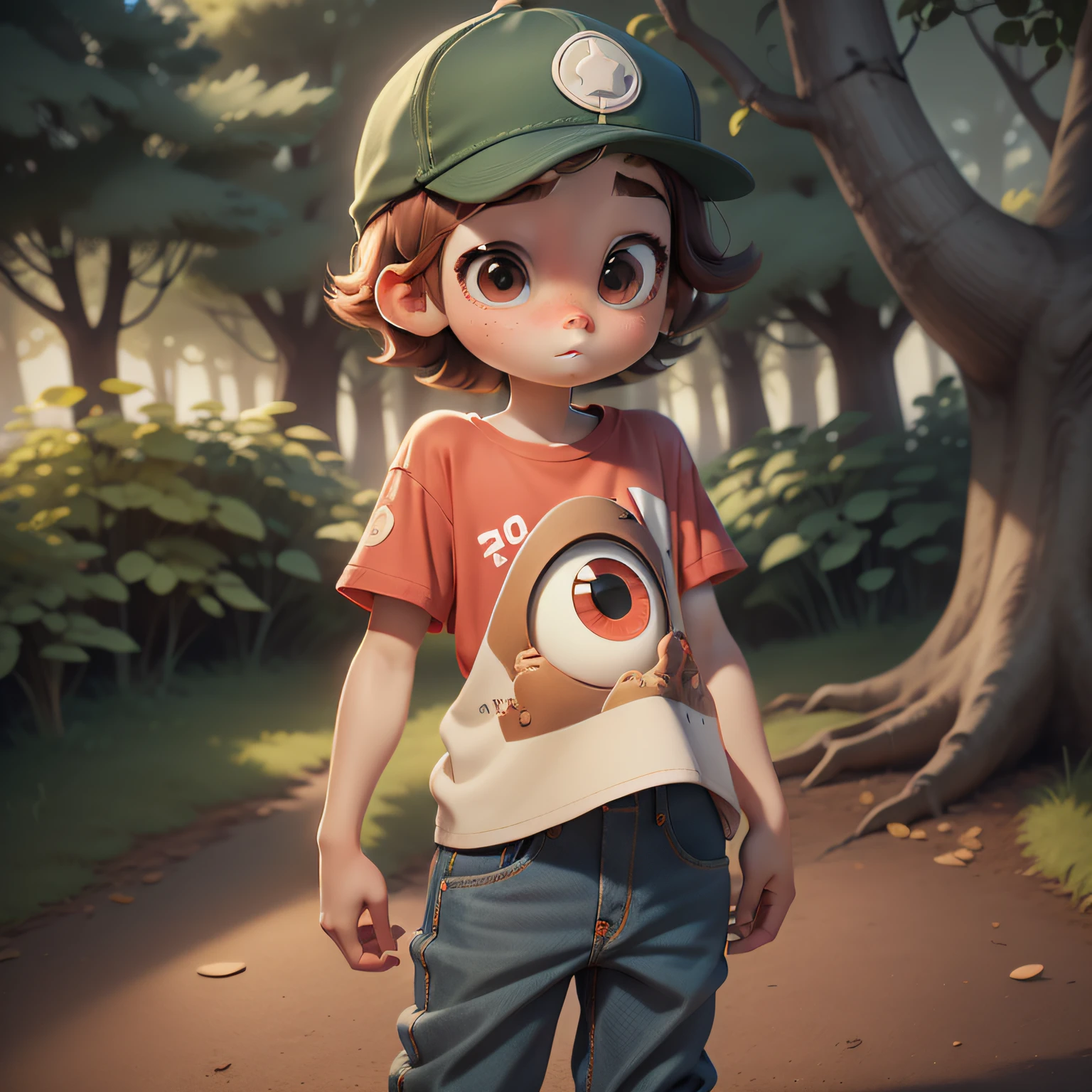 a 5 year old TODDLER boy, brown hair, hazel eyes, two almond shaped eyes, two arms, two legs, two eyes, one mouth, curious, kind, jeans, red t-shirt, white sneakers, white socks, cap, ALONE, IN THE FOREST, next tree of knowledge good and evil, drawing, pixar style