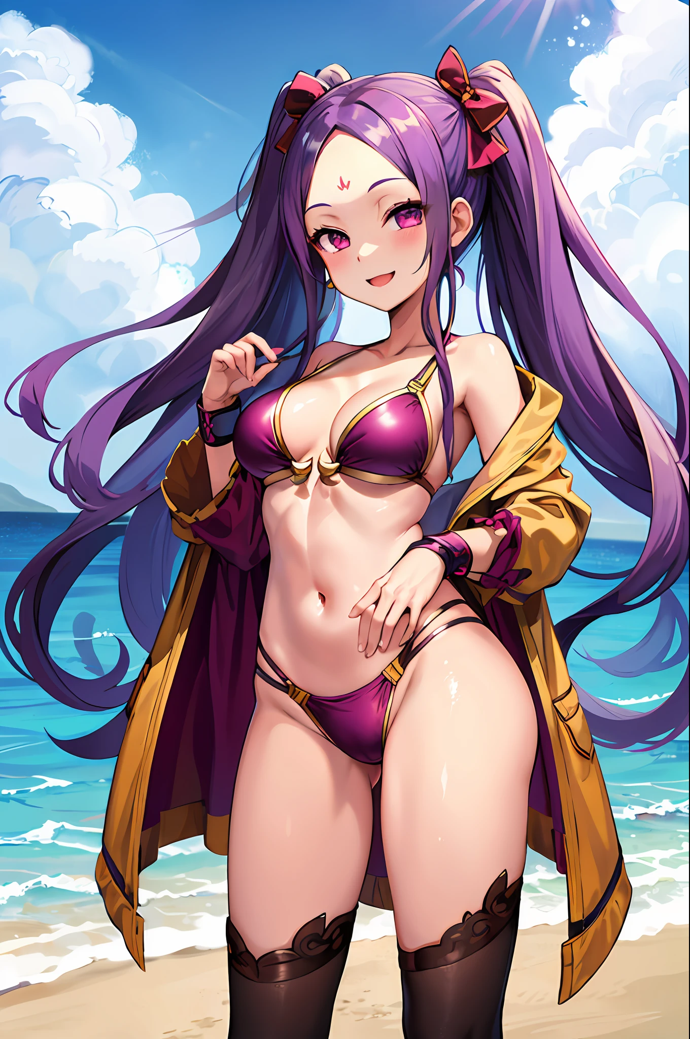 masterpiece, best quality, highres, wz1, twintails, large breasts, forehead mark, bow, navel, swimsuit, purple bikini, thong, bare shoulders, beach, standing, cowboy shot, smile