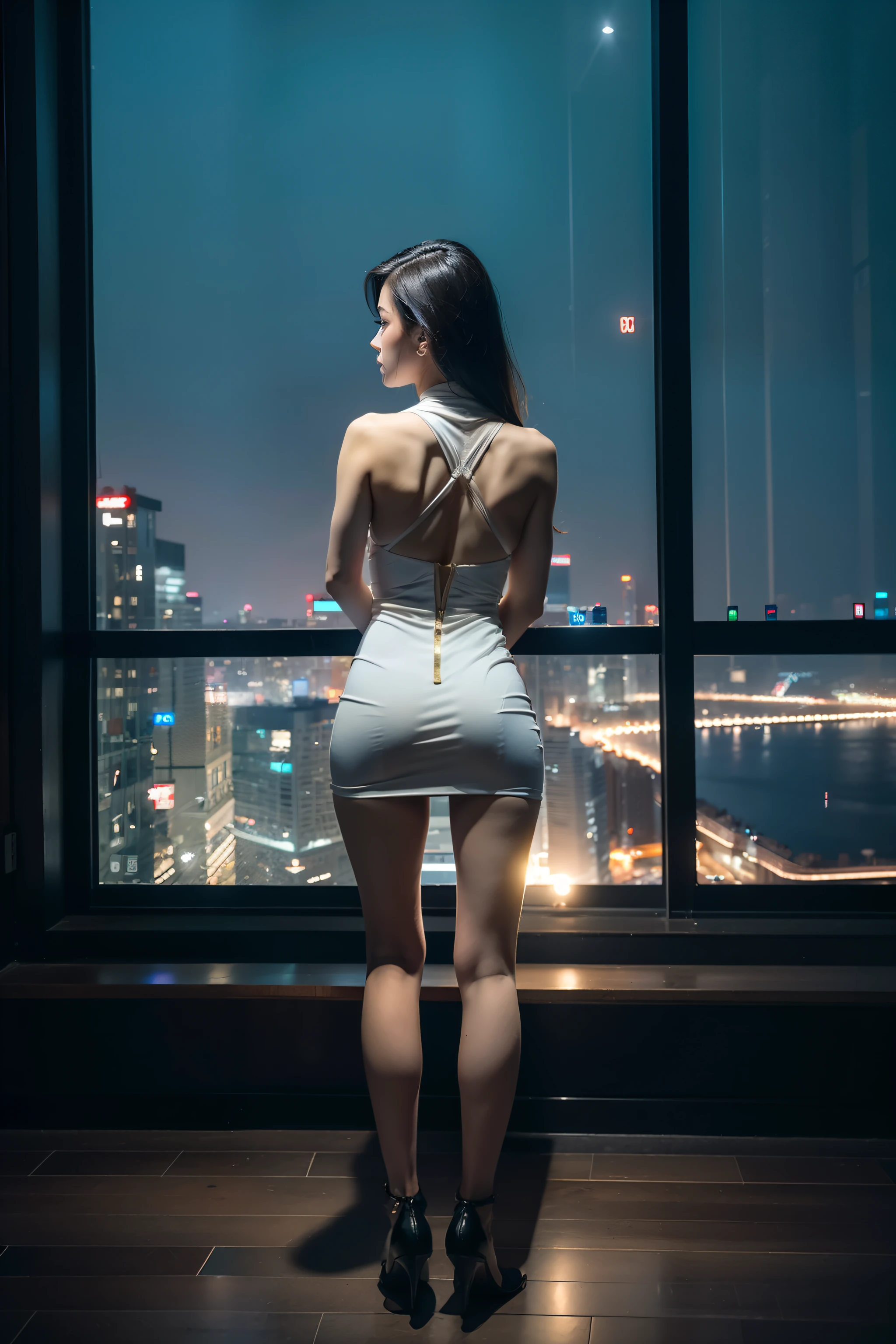 (8K分辨率,photo above knee,Capture the woman's back),(1womanl,20yr old,((Only the hair on the back can be seen,or part of the side face,Delicate back,详细的脸),floated hair),Delicate and sexy back,Fair smooth skin,(Best Skin Type:1.21),The back is rich in detail,(Butterfly bone),captivating curves,(Harnes,Irregular hip skirt:1.4,(Bare to the buttocks,Thin wire connects the top)),(Attractive long legs,Stocking bundle pattern),bangle,Tall figure,(The model does not look at the camera,Instead, look at the city ahead,Open legs,stooped,Lift the buttocks,Hand on the window),Exquisite back artwork,perfect hand,Ultra-fine clothing material),(high rise,Huge floor-to-ceiling windows,City night background,Exquisite environmental details),(Professional lighting,动态照明),((The color is uniform,(silvery white,brown pubic fur,black in color,blue colors,red colour))),(Golden section,Forward and reverse capture,Cinema lenses,Hasselblad photograp,tmasterpiece:1.3),(Object of sexual fantasy,fashion art,trendsetting,Artis,Art platform)