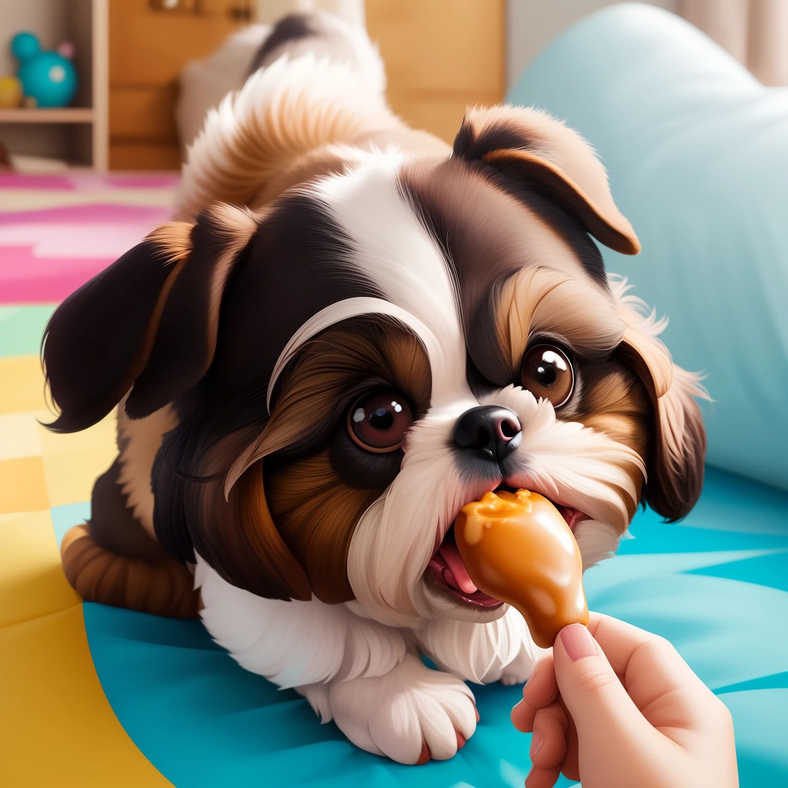((Cartoon cachorrinha shih tzu gorda, with white fur and caramel, sentada, comendo um petisco))), desenho infantil ,alto contraste, arte digital fotorrealista textura da pele, detalhado, armadura, melhor qualidade, ultra high-resolution, (fotorrealista: 1.4), alta resolução, detalhada, , rica em cores textura infantil