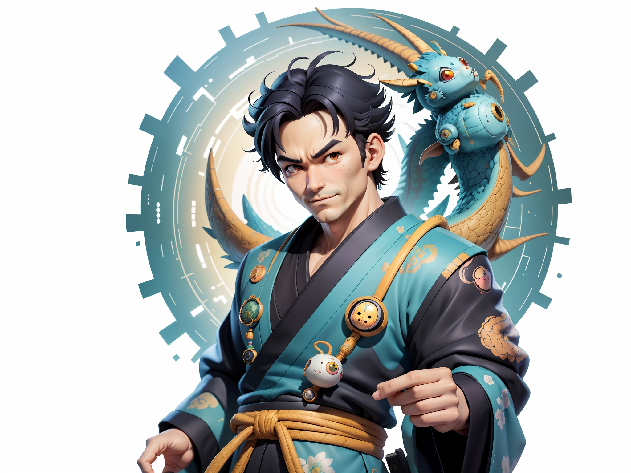 (Masterpiece), (Excellent), (Super Meticulous), (Full Body: 1.2), Super Young Man, Oriental Face, Japanese Kimono, Japanese Wind Thunder God, Dragon, Tiger, TV Anchor, Bust Portrait Illustration, Alone, Black Suit, Blue Tie, Slightly Chubby Face, Very Clean Face, No Beard, Black Super Short Hair, Black Eyes, Confident Smile, 3c Computer Sub-Products, iPad, iPhone, Digital Painting, 3D Character Design by Akira Toriyama and Mark Claireden and Pixar and Hayao Miyazaki, The illustration is a high-definition illustration in 4K resolution with very detailed facial features and cartoon-style visuals.