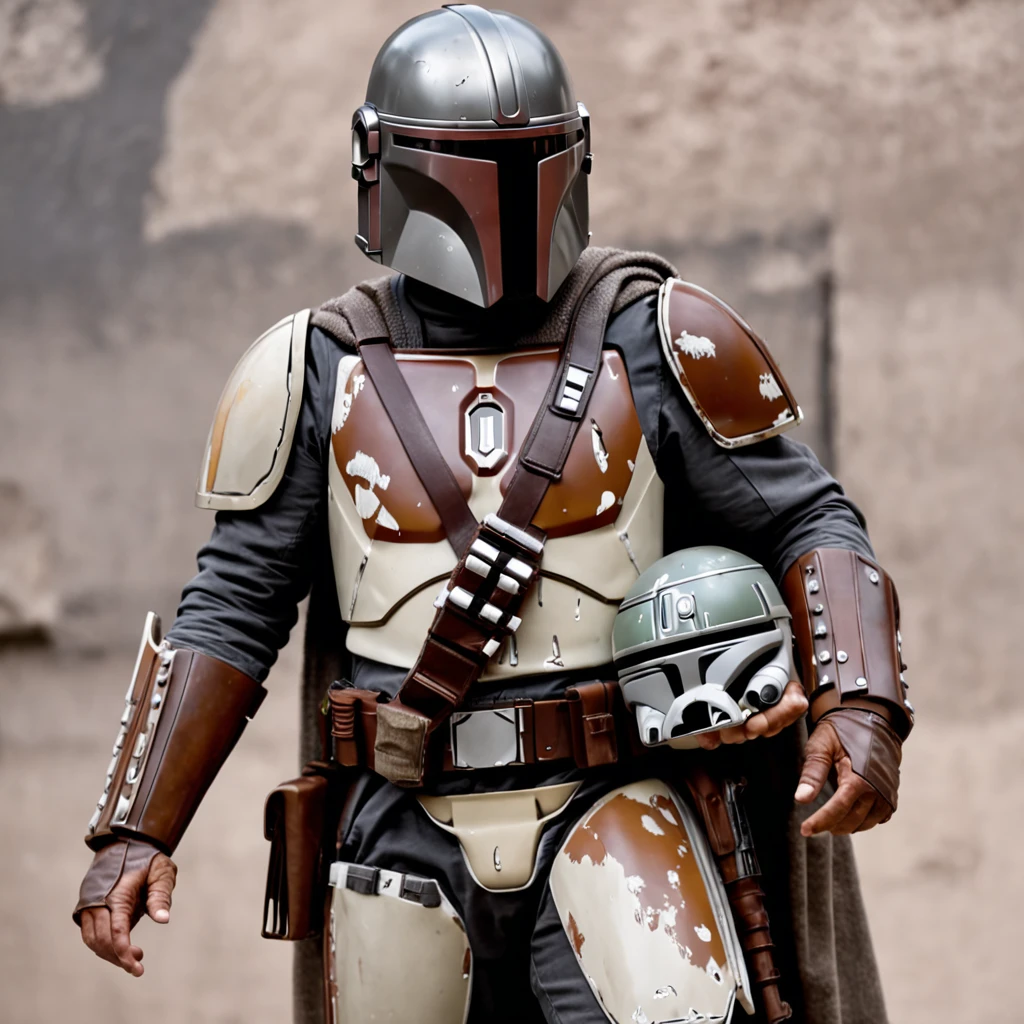 Mandalorian with several kettlebells on the floor