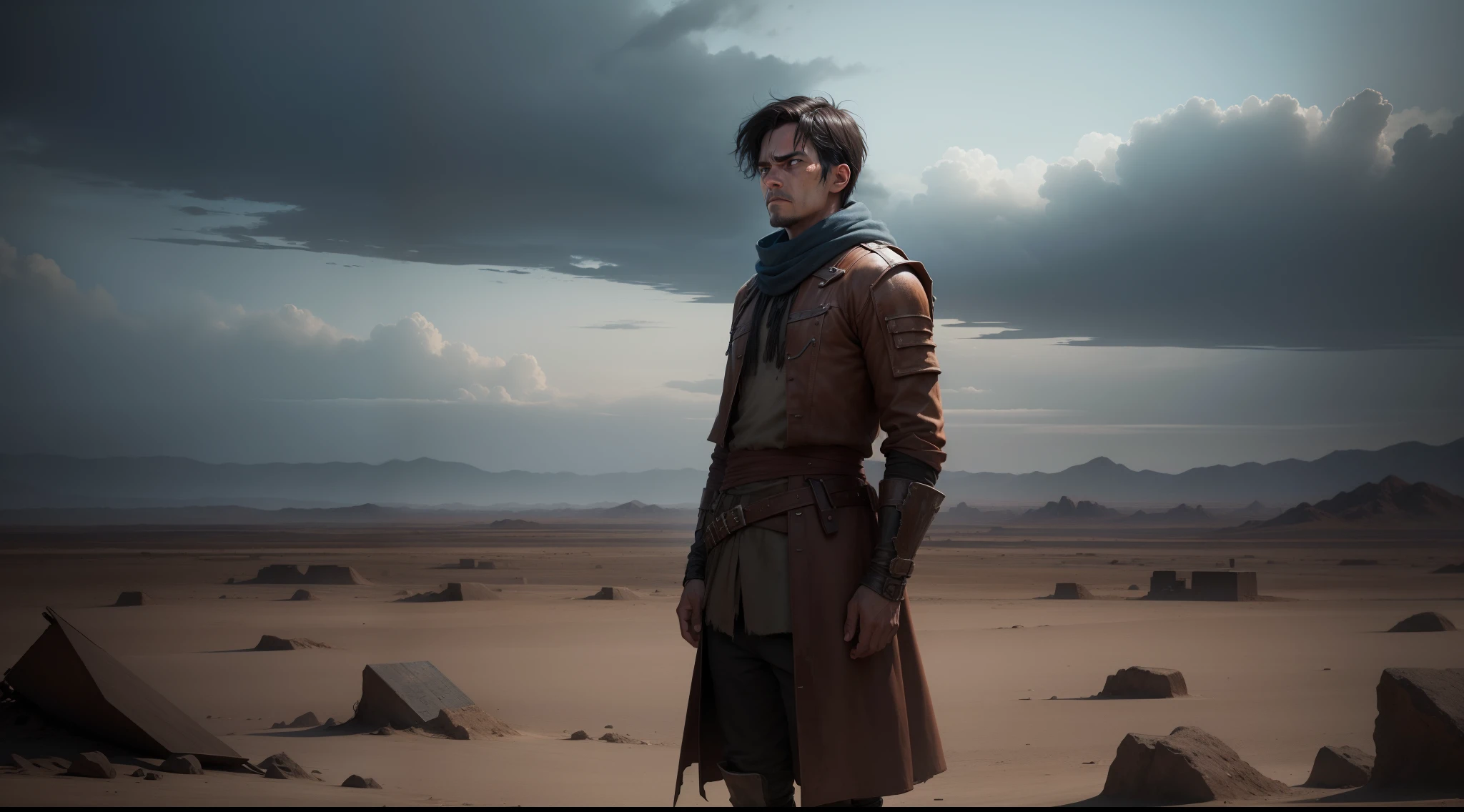 An exiled man with a sad expression seeking redemption in a desolate wasteland.