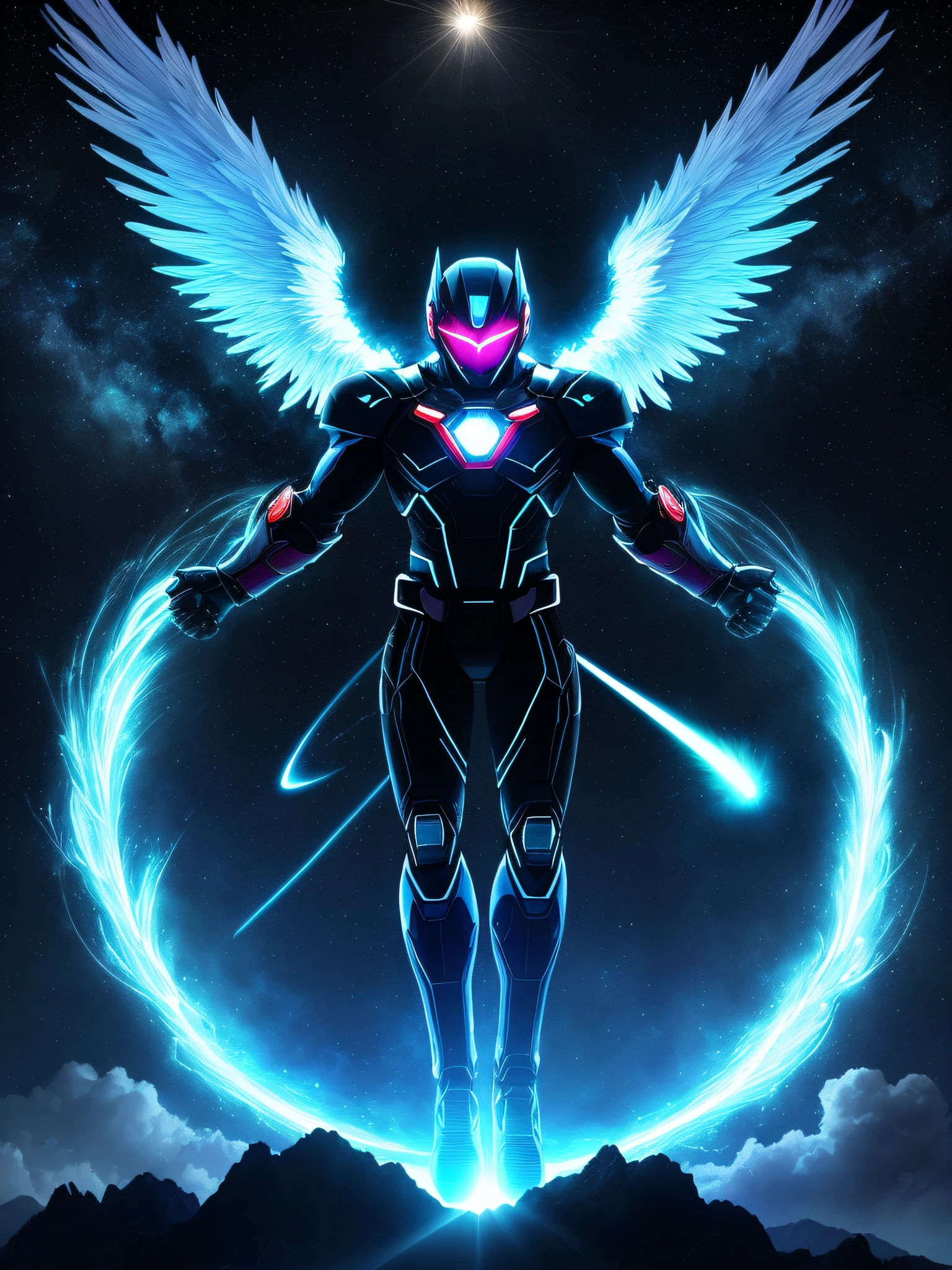 Astro Guardian a Mighty Super Hero man with angel wings, enviando raios no planeta terra, in space flying, full moon night blue sky, extremamente detalhado, paisagem urbana futurista, noite, glowing neon lights, smoke billowing, Sparks, aparas de metal, detritos voadores, efeitos de energia azul, Volumetric light for digital t-shirt print with vibrants, High-resolution colors, com fundo de imagem escuro ::n_desenho de estilo, Low-quality imperfection, boneca, Jogo, anime, Texto, assinatura, doubling
