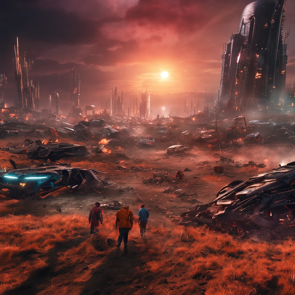Destruction scene of aliens advancing on Earth, Cause chaos and destruction,Long-range shots,1car