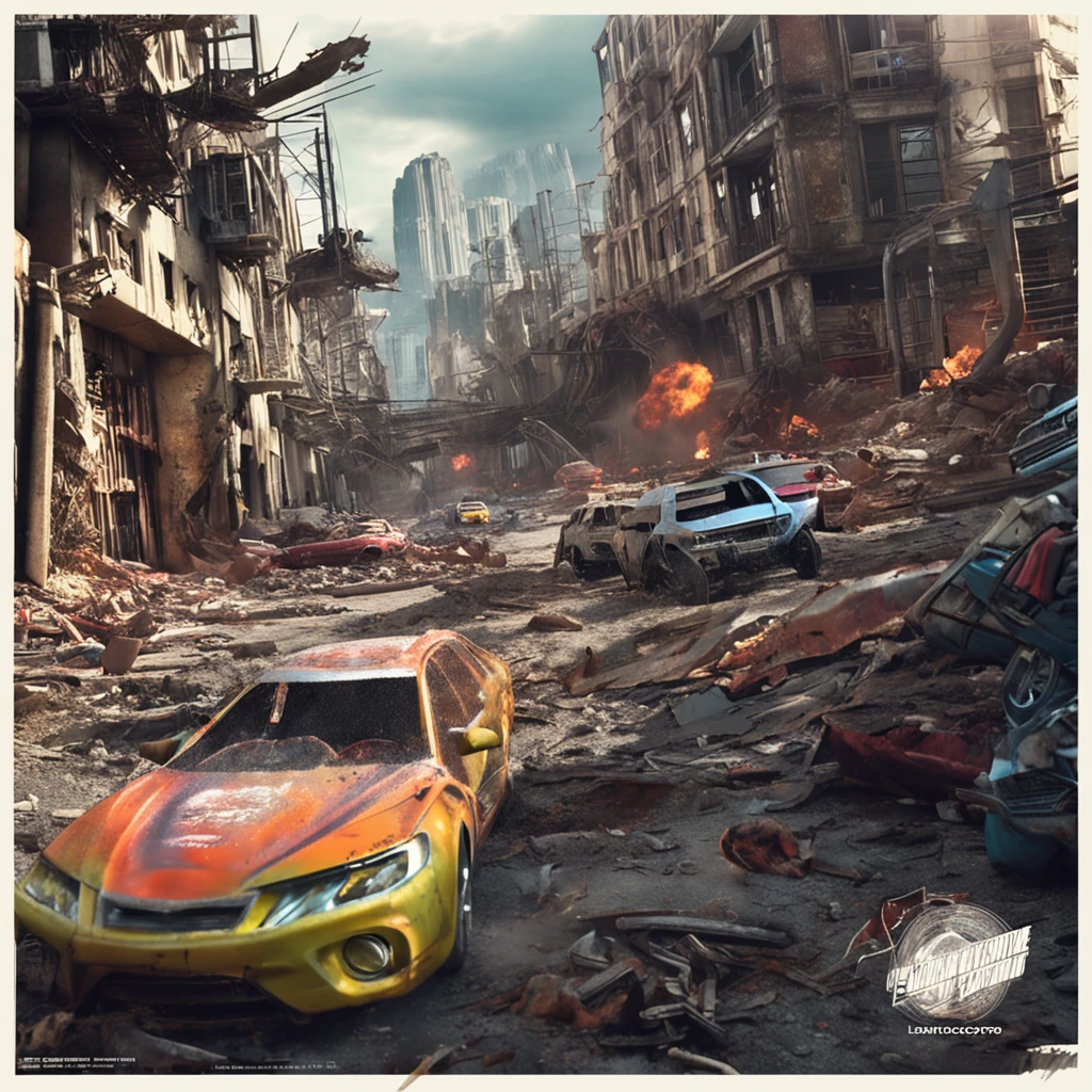 Destruction scene of aliens advancing on Earth, Cause chaos and destruction,Long-range shots,1car
