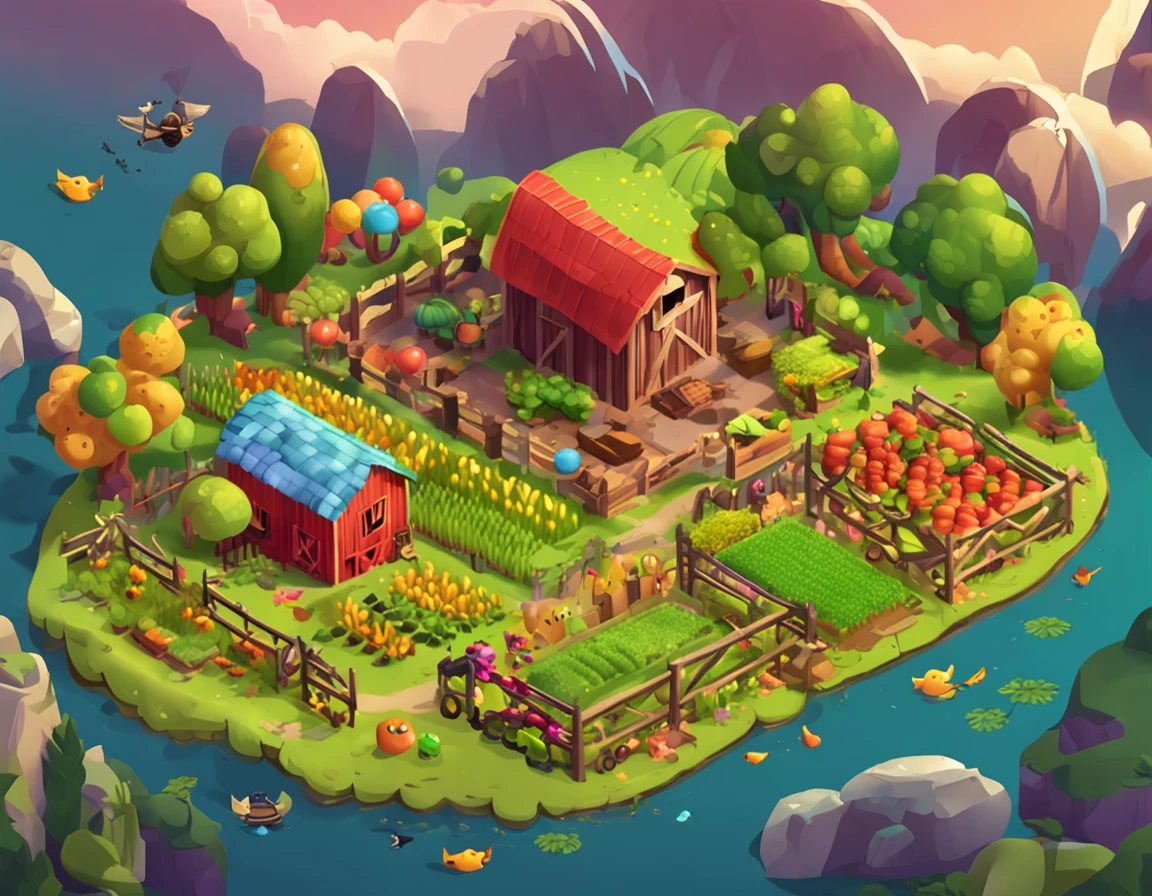 farms　　天空　verdant　a bird　naturey　veggies　Farmland　 isometric 2 d game art　 Best quality at best