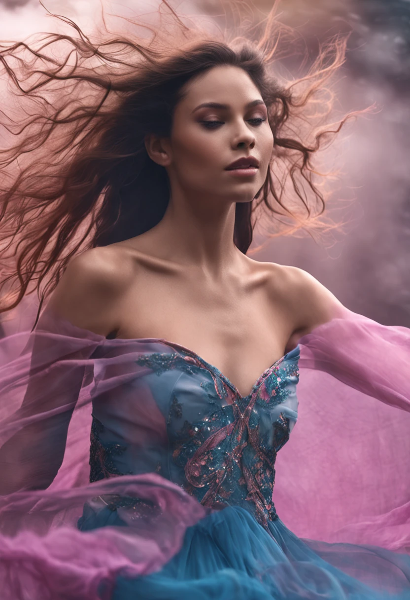 melhor qualidade, tmasterpiece, ultrahigh-resolution, Close-up of a woman in a flowing blue-pink gauze dress, close-up por todo o corpo, sexy para, ombros cortados, adolescente bonita, uma bela imperatriz fantasia, ethereal beauty, linda donzela fantasia, deusa bonita, ((uma bela imperatriz fantasia)), Fantasia Oriental, Ethereal Fantasy, cenas detalhadas, awesome pose, Attractive accessories, Pitoresco