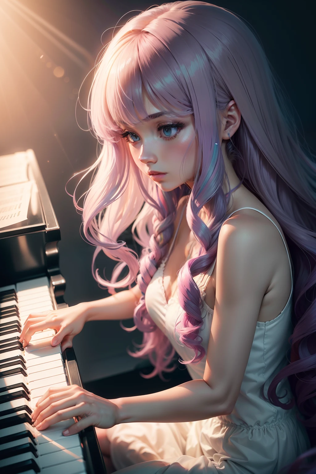 piano Playing the piano keys Press a key girl with Hair long Lashes colourfull Active pop music Music Artistically art by colourfull natural soft light Steinway Music stage
