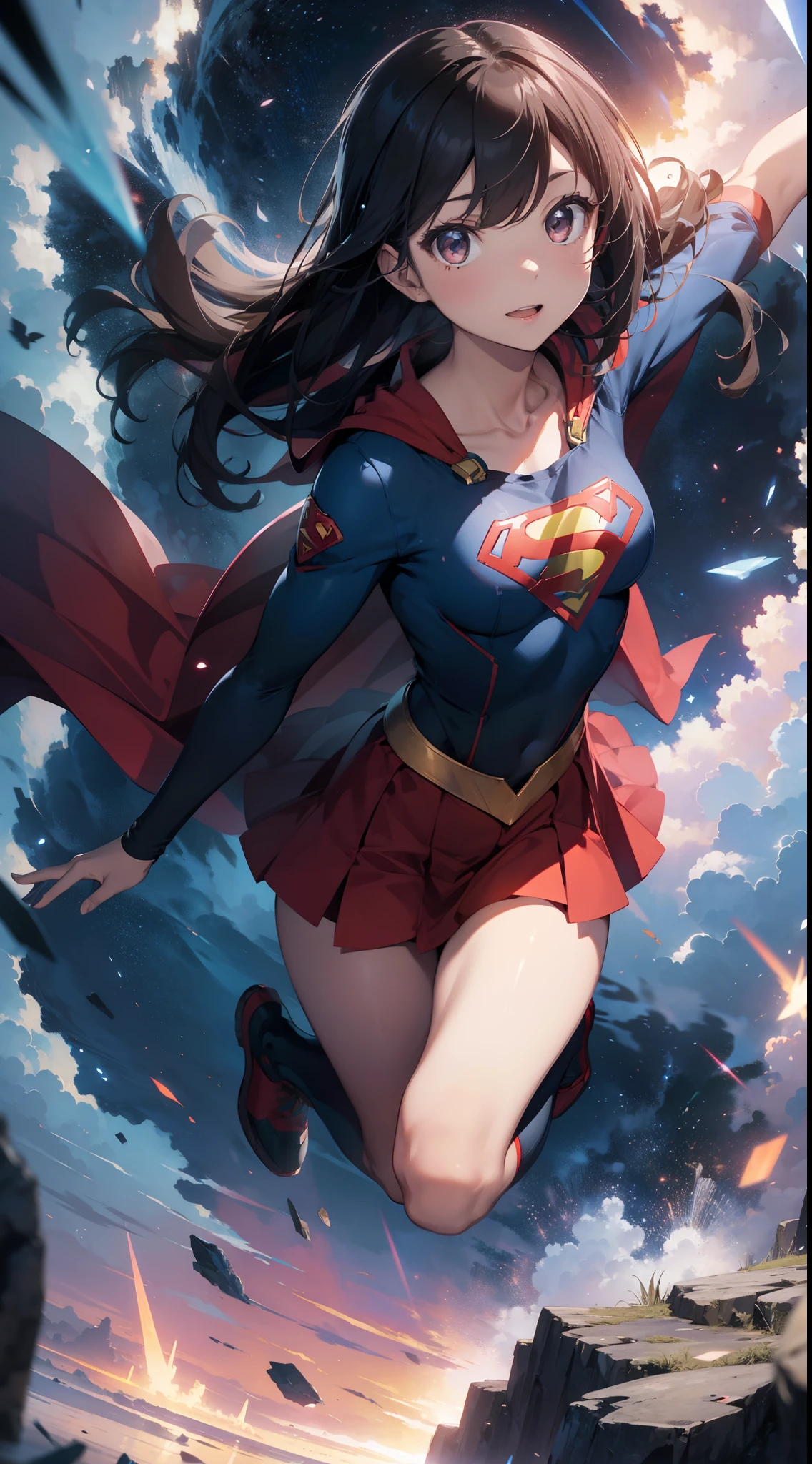 Two-dimensional painting style,Supergirl ,Image of a beautiful brunette woman with black eyes, hdr(HighDynamicRange), Ray traching, NVIDIA RTX, Hyper-Resolution, Unreal 5, Subsurface dispersion, PBR Texture, Post-processing, Anisotropy Filtering, depth of fields, Maximum clarity and sharpness, Many-Layer Textures, Albedo e mapas Speculares, Surface coloring, Accurate simulation of light-material interactions, perfectly proportions,rendering by octane,twotonelighting,largeaperture,Low ISO,White balance,trichotomy,8K raw data,The Superman S symbol is used on the chest,There are long and wide red cloaks,Wide red cloak,short red dress,the sky background,Supergirl soars high,Full body in camera,One leg straight。