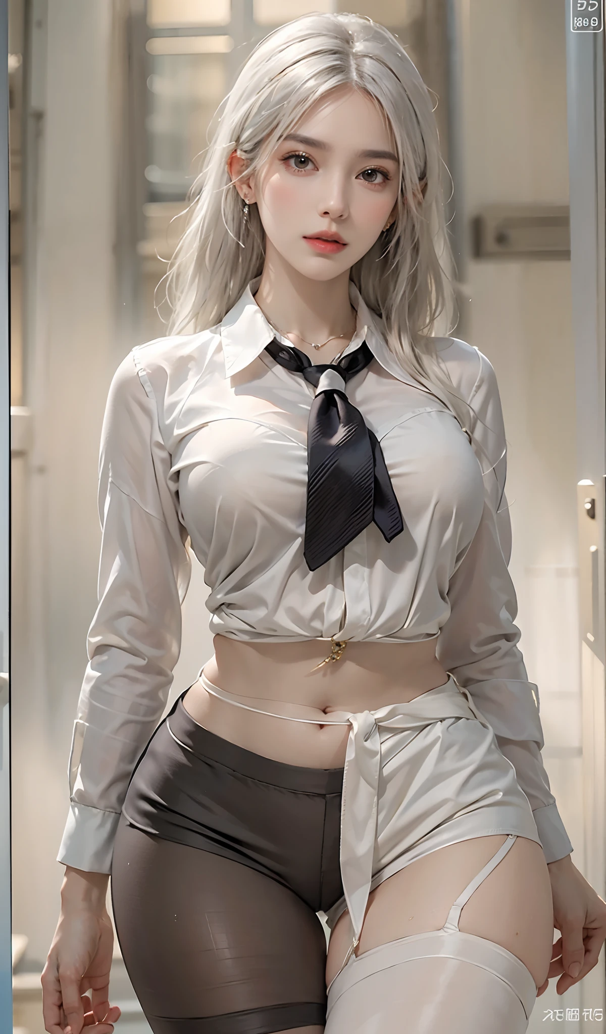 Photorealistic, high resolution, 1womanl, Solo, Hips up, view the viewer, (Detailed face), White hair, Long hair, jewelry, Elegant necklace, elegant diamond earrings, Secretarial uniform，White color blouse, black necktie, Women's tights，Shorts，Camel toes