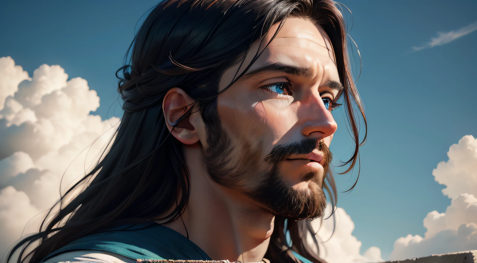 Jesus looking at the realistic blue sky in 8k