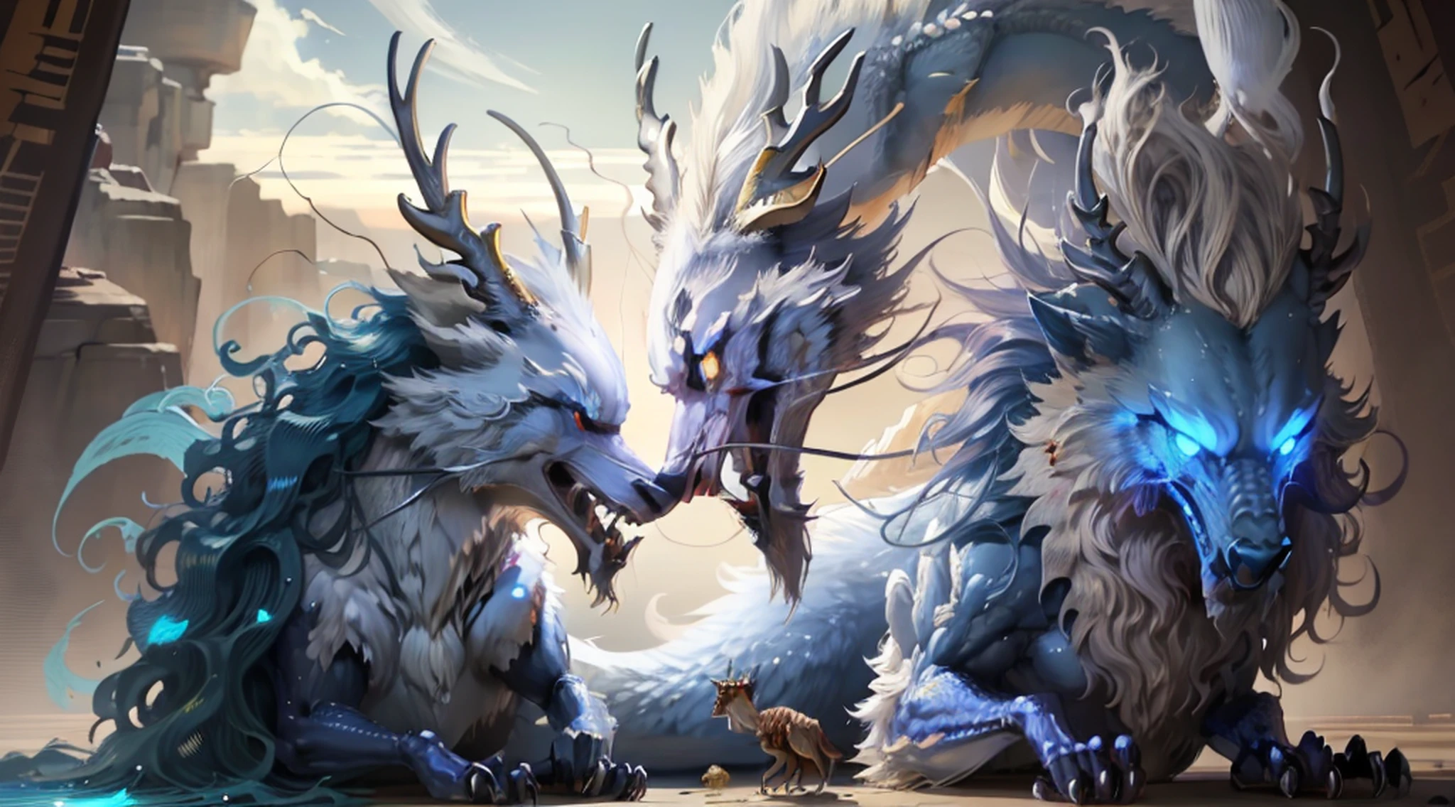 Desenho de uma raposa com cabelo branco sentada em um galho, ethereal fox, raposa de nove caudas, Three-tailed fox, arte detalhada Onmyoji, nove caudas, beautiful fine art illustration, mythological creature, raposa, bela arte digital, exquisite digital illustrations , Mizutsune, inspired by the mythical creatures Wildnet, arte digital em pixiv, raios de fogo, Alto contraste, fundo com faisca de fogo