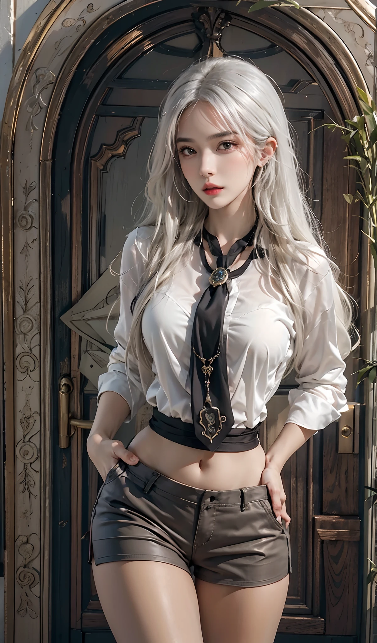 Photorealistic, high resolution, 1womanl, Solo, Hips up, view the viewer, (Detailed face), White hair, Long hair, jewelry, Elegant necklace, elegant diamond earrings, Secretary uniform, White shirt, Black skirt,Women's tights, Shorts, Camel toes