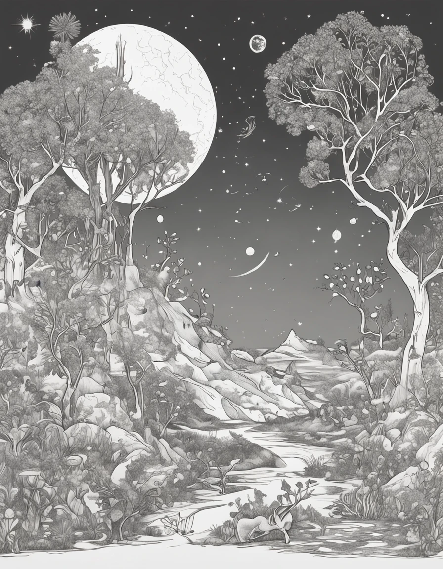 A galaxy landscape,"Create a visual description of a mysterious, Illuminated character in an ethereal, Mystical setting. Ele possui 1,80 meters high and emanates an enigmatic presence with its upright and graceful posture. Seu cinza, long beard is meticulously cared for, symbolizing your age and experience. expression marks, stories tell their experiences. On the left forearm, A complex tattoo displays three planets: MARIA, Michelly e Marina, cada um com um nome gravado. Acima deles, A tree of life rises, com uma seta desenhada para cima, sugerindo uma jornada espiritual ascendente. Perto do deltoide esquerdo, There is a tattoo of a large, Olhar atento. Essa figura exala uma aura de conhecimento e calma, at the same time it harmonizes with the mystical environment that surrounds it."