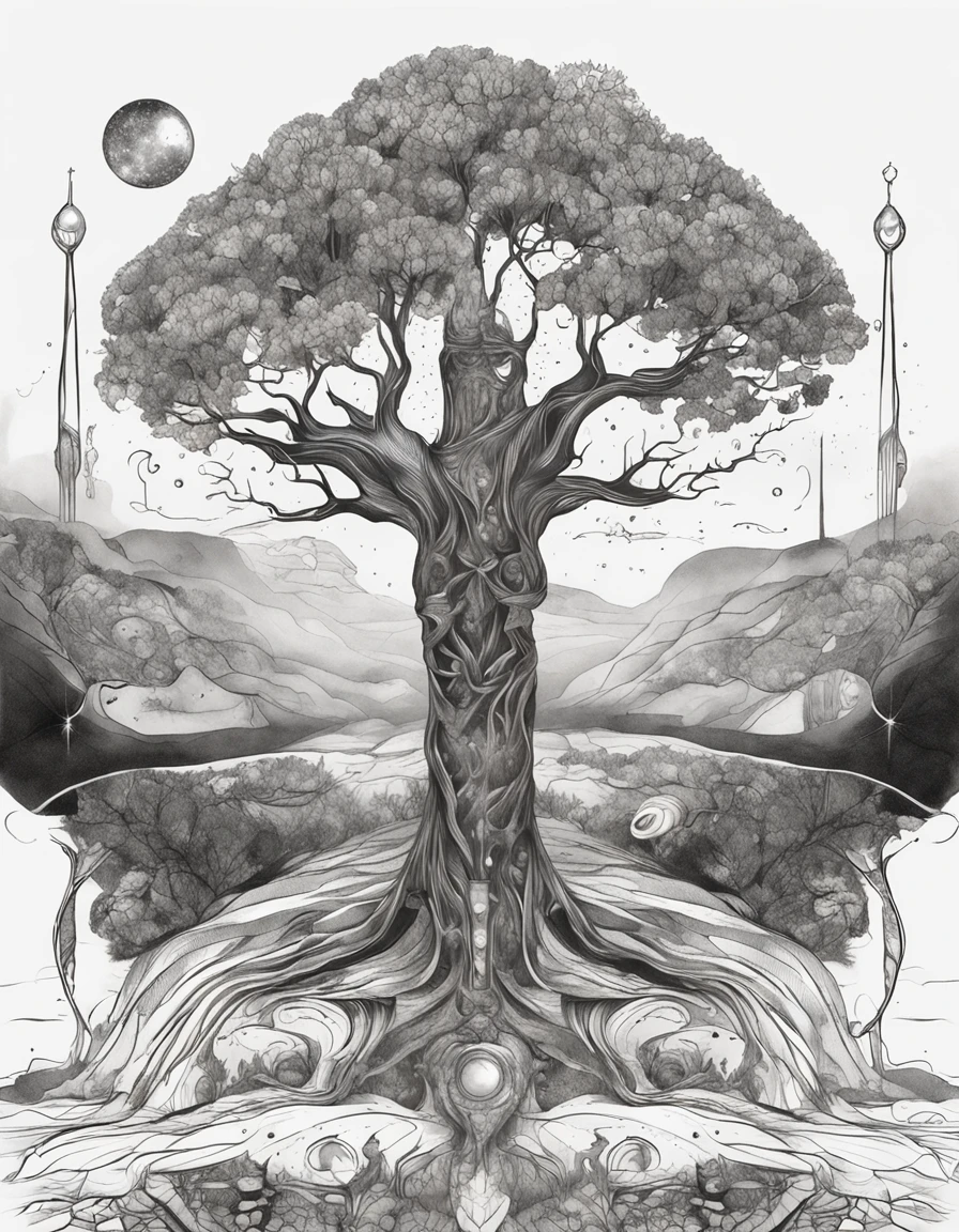 A galaxy landscape,"Create a visual description of a mysterious, Illuminated character in an ethereal, Mystical setting. Ele possui 1,80 meters high and emanates an enigmatic presence with its upright and graceful posture. Seu cinza, long beard is meticulously cared for, symbolizing your age and experience. expression marks, stories tell their experiences. On the left forearm, A complex tattoo displays three planets: MARIA, Michelly e Marina, cada um com um nome gravado. Acima deles, A tree of life rises, com uma seta desenhada para cima, sugerindo uma jornada espiritual ascendente. Perto do deltoide esquerdo, There is a tattoo of a large, Olhar atento. Essa figura exala uma aura de conhecimento e calma, at the same time it harmonizes with the mystical environment that surrounds it."
