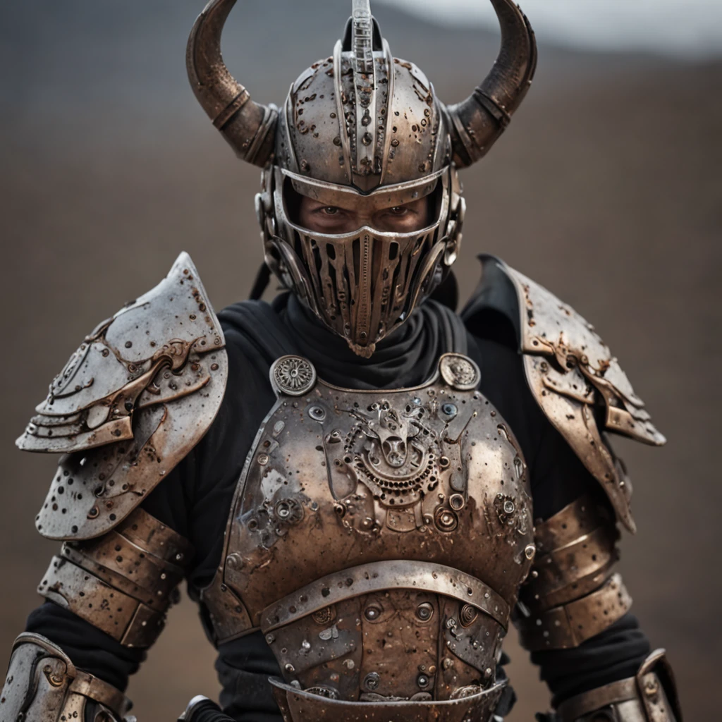 a cyber warrior in a burnt land, extremely highly detailed futuristic samurai armor with two swords, war photography style, segurando kettlebell