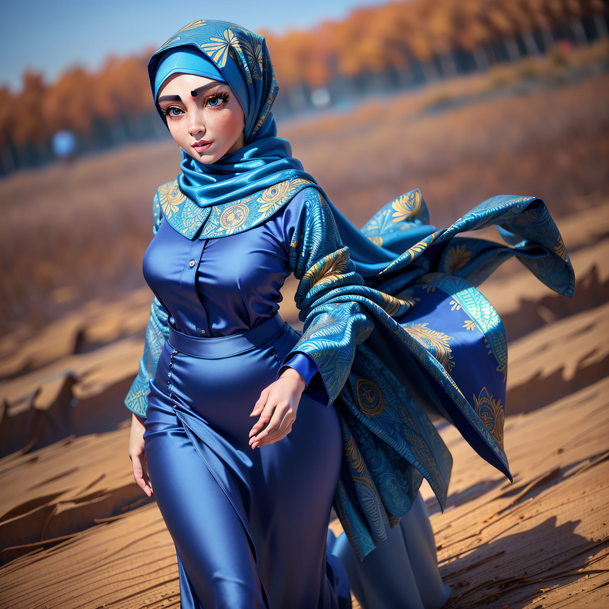 3DMM, ((Masterpiece, best quality, photography, detailed skin, realistic, photo-realistic, 8k, highly detailed, full length frame, High detail RAW color art, diffused soft lighting, shallow depth of field, sharp focus, hyperrealism, cinematic lighting, hijab, a woman in a beautifully makeup, smokey eyeshadow, beautiful big eyes, long eye lashes, wearing ( blue satin hijab), loosely tide hijab style, ((batik satin shirt)), satin long maxi skirt, walking in the middle of fields in autumn, The autumn breeze blows,Autumn leaves float in the air, There are sparkling particles fluttering, Warm light background