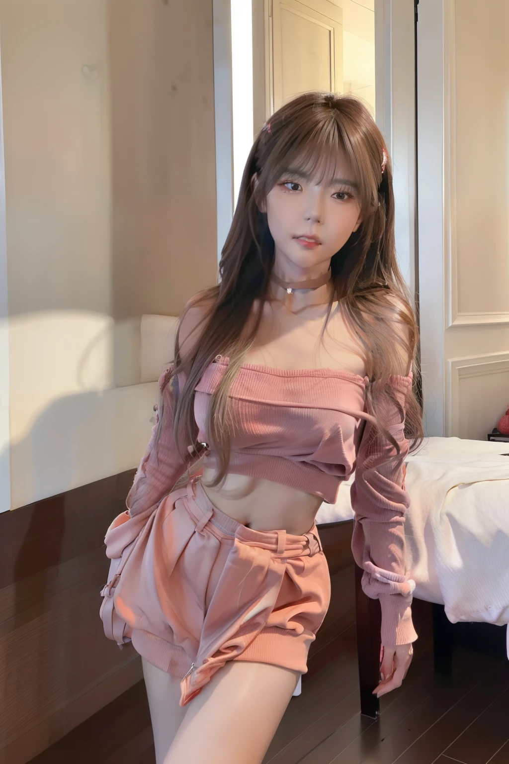best qualtiy,ultra high quality,realistic,influencer taking a selfie , (realisticlying:1. 4),Baoyu Girl,1girll,with long curly hair,hair with bangs,light hair,Looking far away,brown eyes,medium sized breasts,red cropped sweater,a sense of atmosphere,Beautiful woman with a slender figure:1.4,Abs,Ultra slim face,Elaborate eyes,double-edged eyelid,choker necklace.