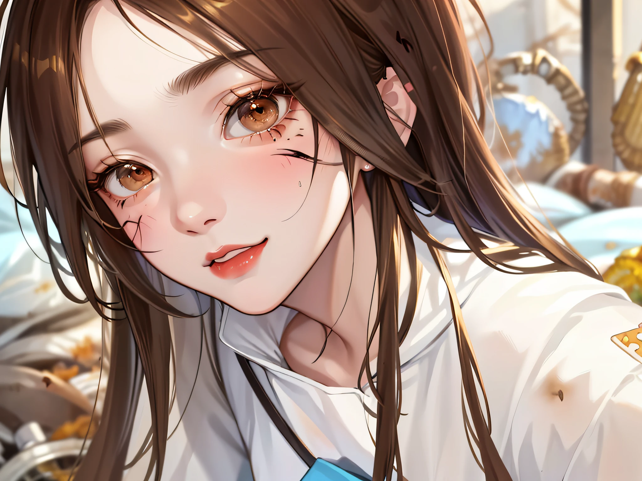 Masterpiece, best quality, high quality, close up, solo anime portrait, female, 1girl, (white outfit covered in disgusting filth:1.5), (nasty disgusting garbage surrounding her:2), (covered in filth:1.8), (long messy brown hair:1.4), she is stunning and super beautiful, goddess like appearance, `(gradient_brown_eyes:1.4), effeminate, JRPG art, trending on caravaggio, intrinsicated and detailed crazy smile, looking at camera, face focus, highly-detailed, top lightning, trending on pixiv, HD digital, 32k,