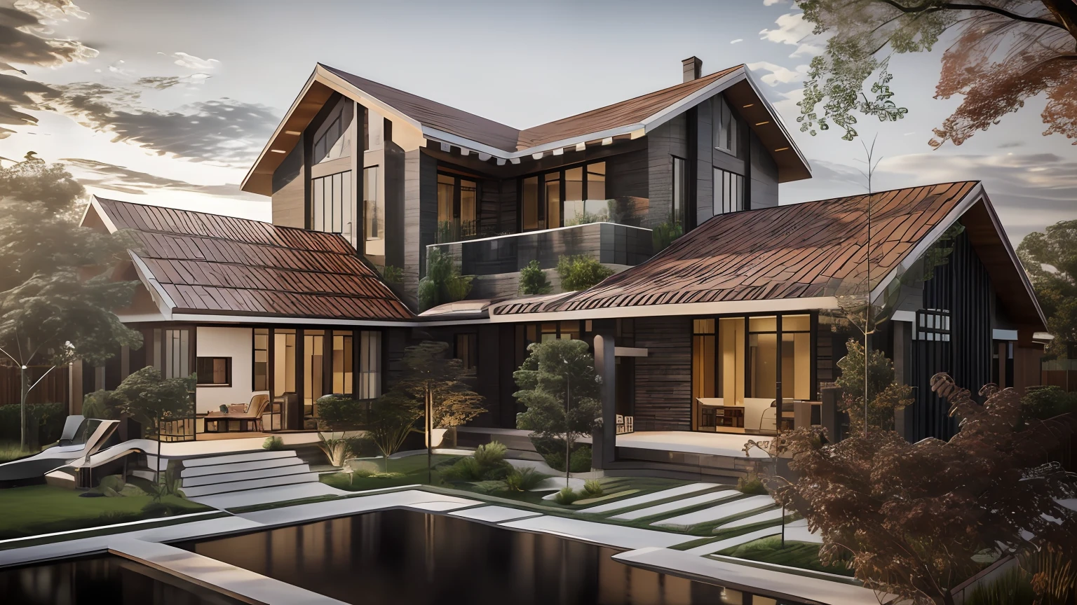 modernvilla, mabuilding, front, architecture, brick and metal, photo of a house, architecture, beautiful, masterpiece, best quality, super detailed, realistic, photorealistic, 8k, sharp focus