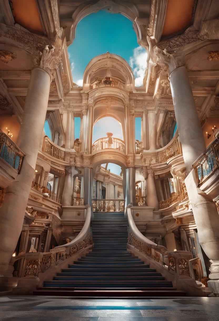 blue sky and in the sky a door and a beautiful staircase that refers to royalty, no fundo da imagem um ceu azul e muitas nuvens