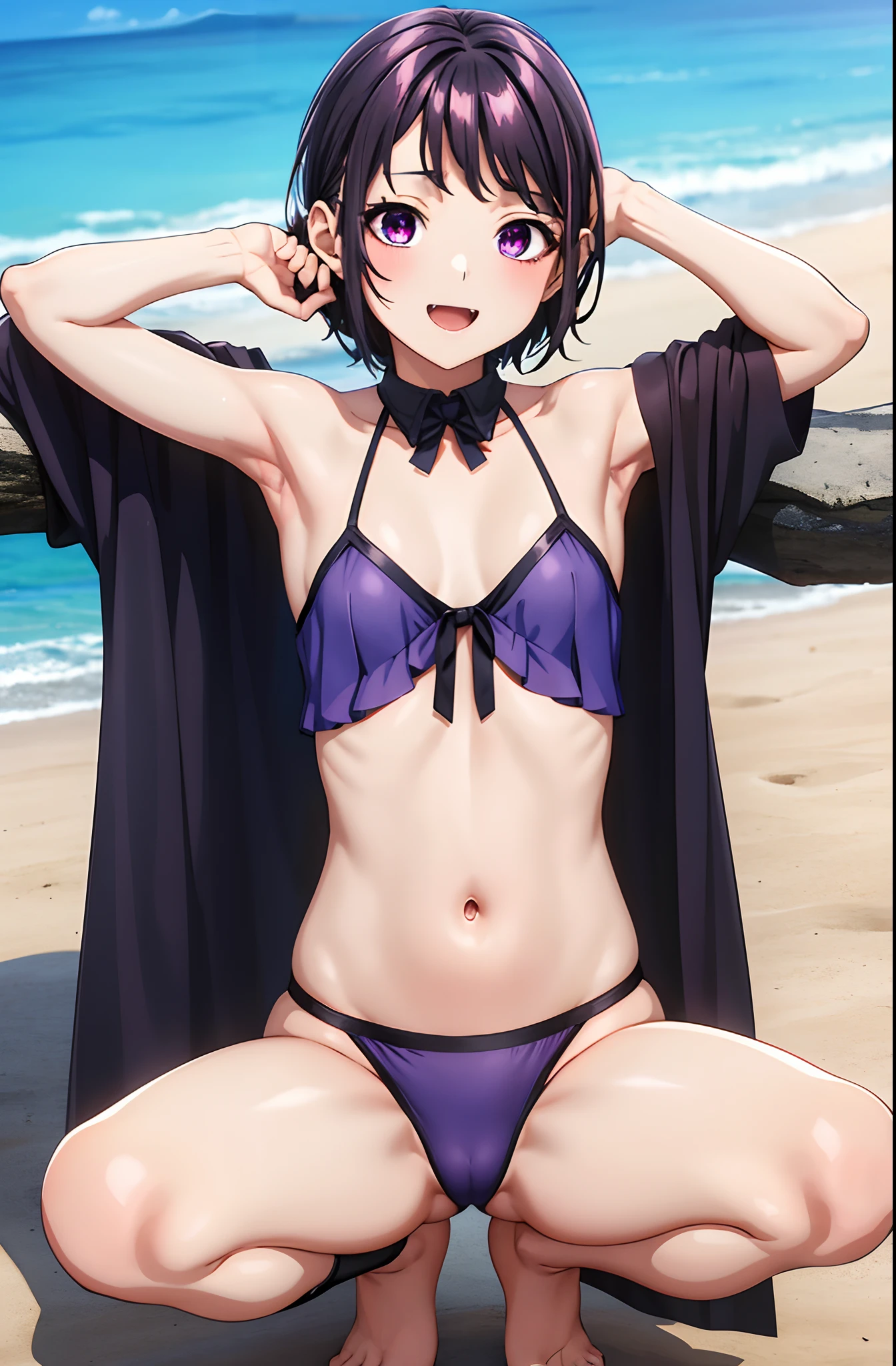 KaoriHojo, masterpiece, best quality, highres, 1girl, solo, fang, skin fang, short hair, (mole on thigh:0.8), bangs, hair behind ear, purple eyes, hair ornament, open mouth, beach, smile, squatting, small chest, short height, , flat chest, small, cleavage, ((bare shoulder)), exposed, loose shirt, navel, presenting armpit