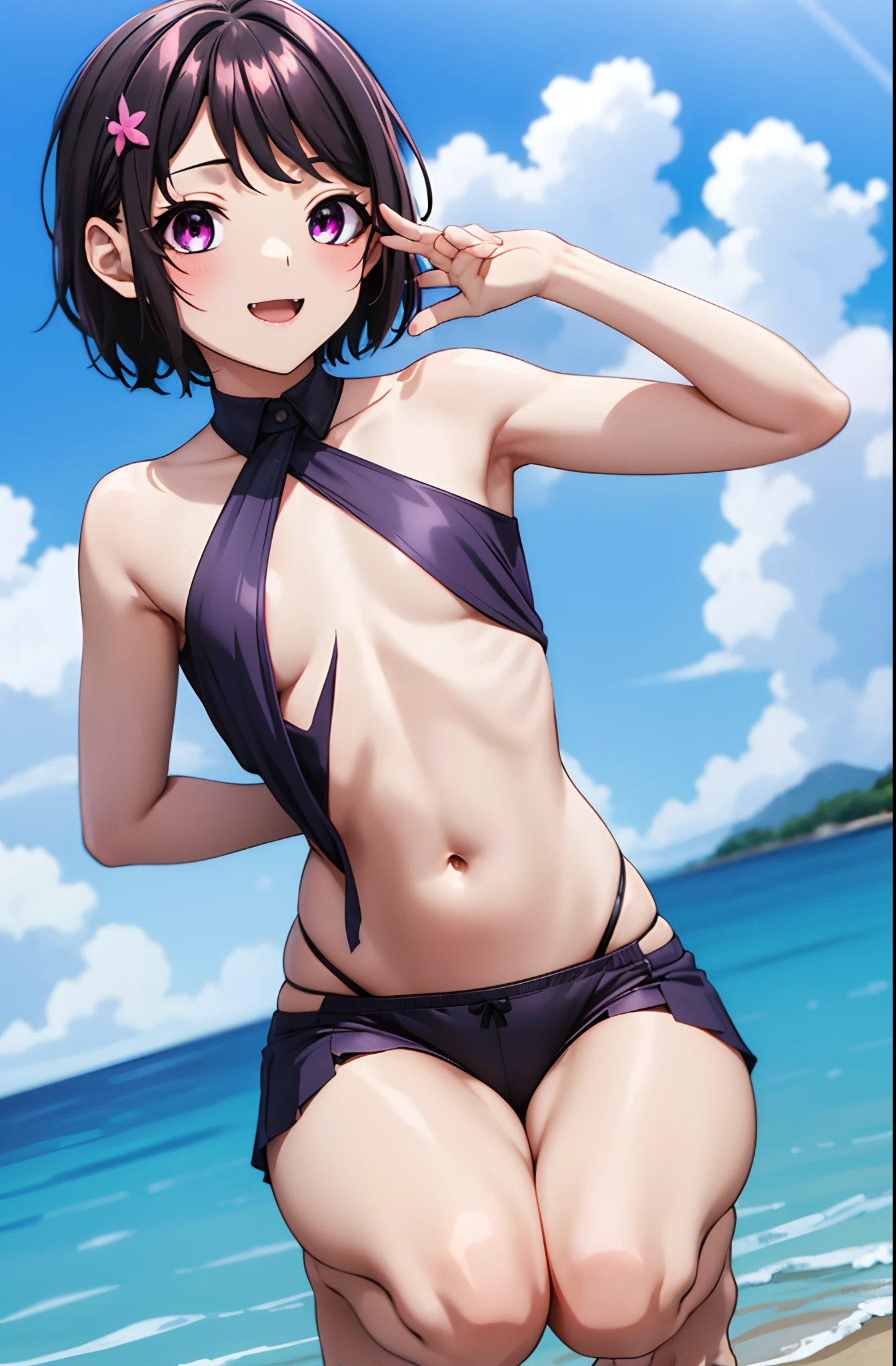 KaoriHojo, masterpiece, best quality, highres, 1girl, solo, fang, skin fang, short hair, (mole on thigh:0.8), bangs, hair behind ear, purple eyes, hair ornament, open mouth, beach, smile, squatting, small chest, short height, ***********, flat chest, small, cleavage, ((bare shoulder)), exposed, loose shirt, navel, presenting armpit