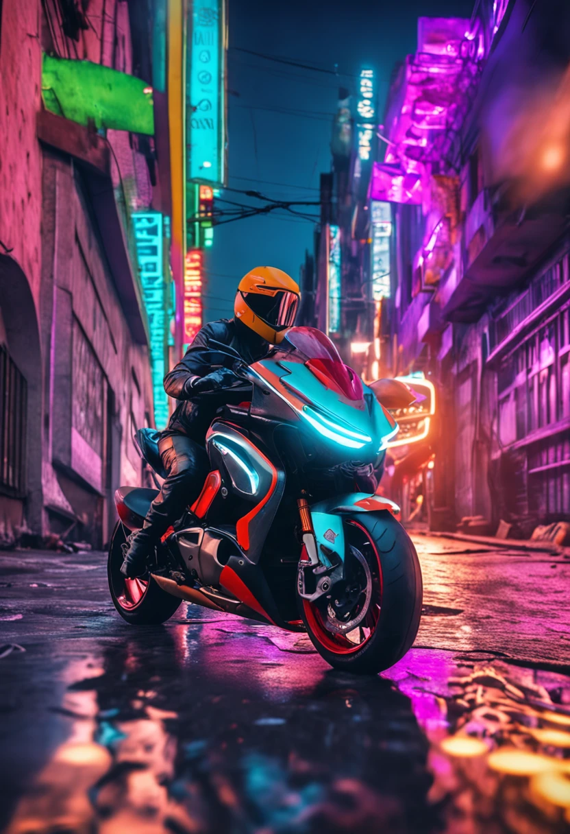 Arte Fotorrealista, motocicleta futurista, design elegante, Tecnologia de ponta, Dynamic angles, Cavaleiro em armadura de alta tecnologia, olhar intenso, inclinando-se para uma curva, fundo da paisagem urbana da cidade, neon-lit streets, pavimento encharcado pela chuva, reflections on the wet surface, dramatic lighting, Pulso da cidade capturado, cinematic feel, Lente 85mm, Sony A7III, profundidade de campo rasa, Vibrant color grading, post-apocalyptic vibe, energia alimentada por adrenalina.