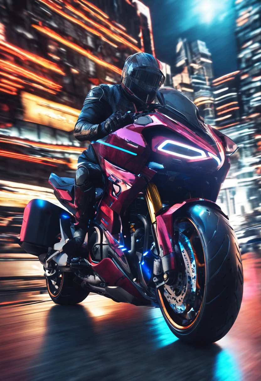 Arte Fotorrealista, motocicleta futurista, design elegante, Tecnologia de ponta, Dynamic angles, Cavaleiro em armadura de alta tecnologia, olhar intenso, inclinando-se para uma curva, fundo da paisagem urbana da cidade, neon-lit streets, pavimento encharcado pela chuva, reflections on the wet surface, dramatic lighting, Pulso da cidade capturado, cinematic feel, Lente 85mm, Sony A7III, profundidade de campo rasa, Vibrant color grading, post-apocalyptic vibe, energia alimentada por adrenalina.