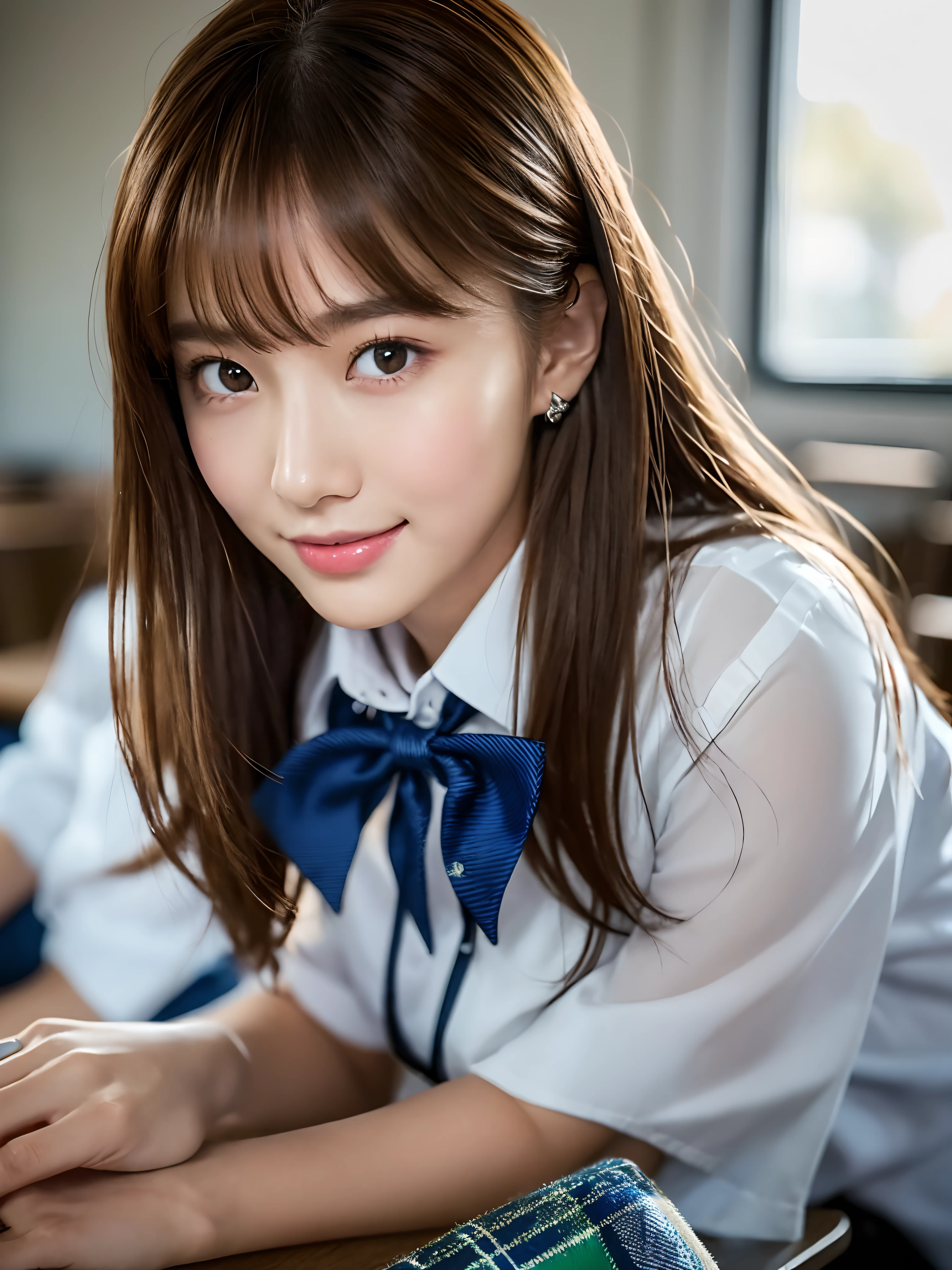 masterpiece, face close up shot, front view, a Japanese young pretty woman, sitting a chair and having a pen with big smile, glamorous figure, wearing a short sleeves white collared shirt with shiny red satin plain bow tie, wearing a blue tartan plaid skirt, absolutely pretty face, glossy lips, double eyelids in both eyes, Natural makeup, long eyelashes, shiny smooth light brown hair of medium length, asymmetrical bangs, tanned skin, alone in the classroom, a textbook and a note on the desk, head frame, central image, 8K resolution, high detail, detailed hairstyle, Detailed Face, spectacular cinematic lighting, octane rendering, vibrant, hyper realistic, perfect limbs, perfect anatomy