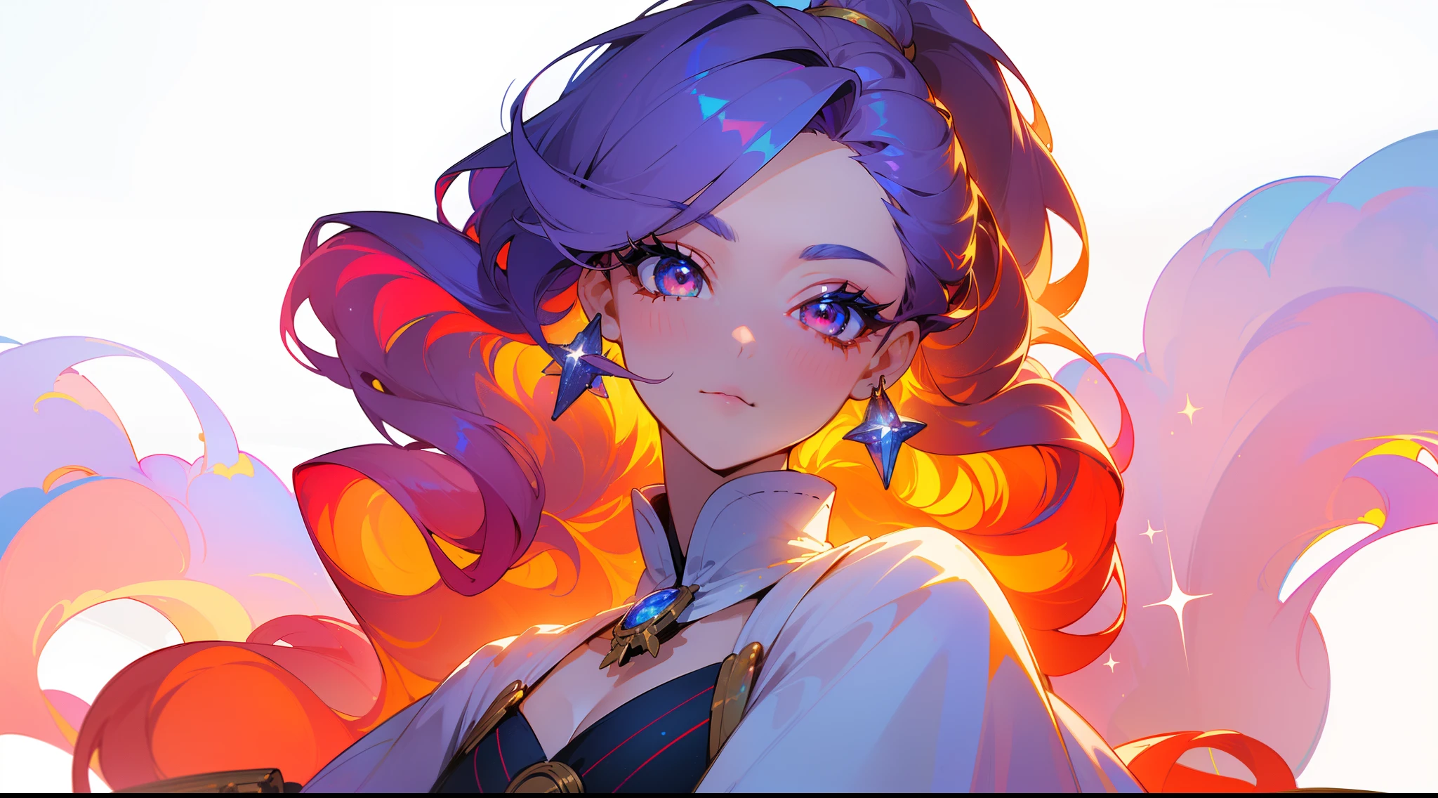 ((tmasterpiece)), (((beste-Qualit))), ((ultradetailed)), ((illustartion)),[The light effect of realism], eye shadow,(Fantasy style),(whitebackground:1.6), Simple background, illustartion, 1 girl, sly look, Majestic view (multi-colored hair, Hair gradient, Hair color from blue to peach, without bangs, curly curl on the cheek, hairstyle: high ponytail, long tail), The eyes are crimson-red, Environment change scene, (The hair is surrounded by the bursts of the galaxy),))):((Her hair becomes galactic clouds,:1.27628), The Moon in the Night, Stars, wide eyes, Lashes, side glance, Crystal hair, Glowing Hair, shirt with collar, galaxy, Complementary lighting