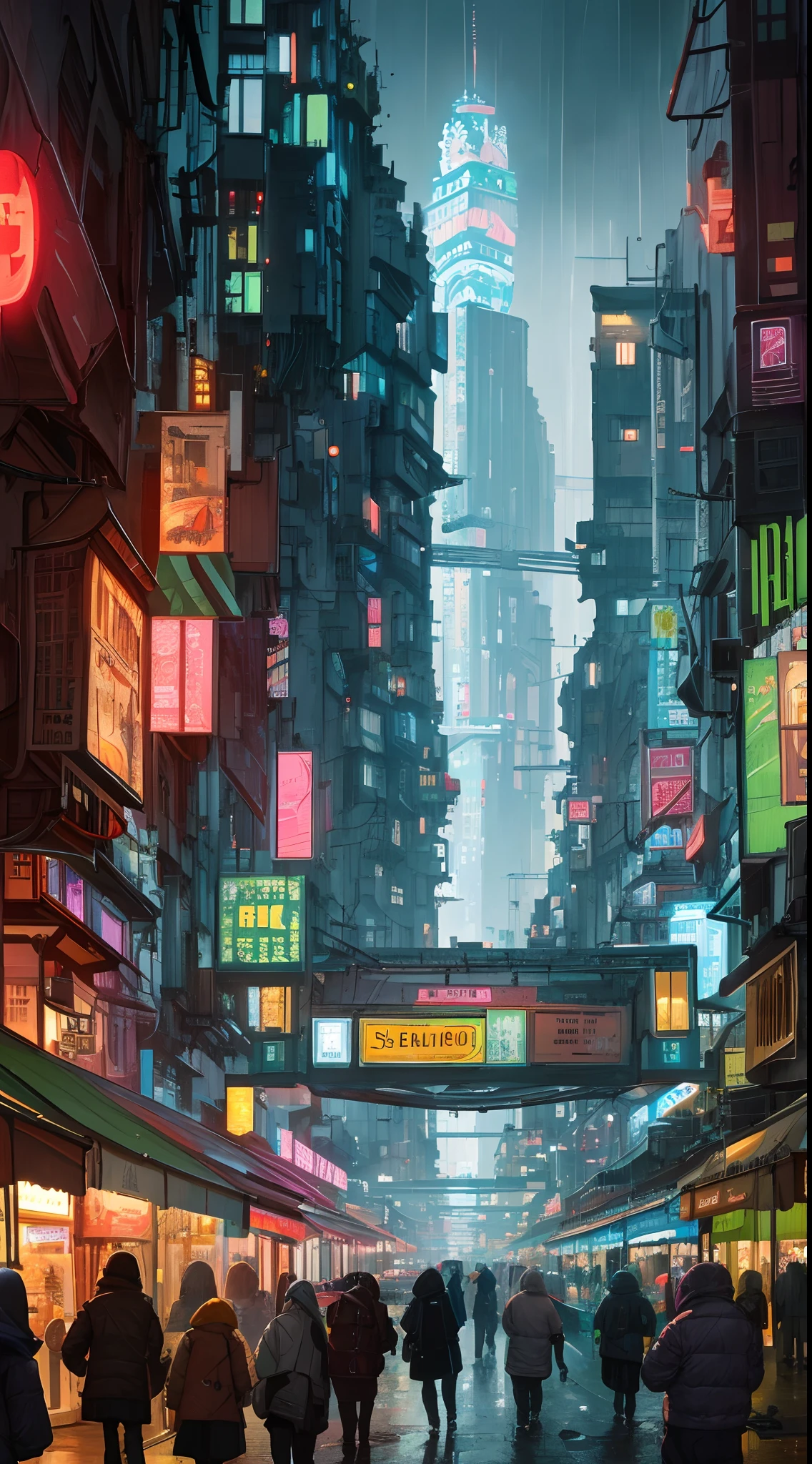 ((masterpiece)),((best quality)),((high detail)),((realistic,)) Futurist era city, architectural streets, bazaars, futuristic train lines, cyberpunk, buildings, night, European city, rainy, neon