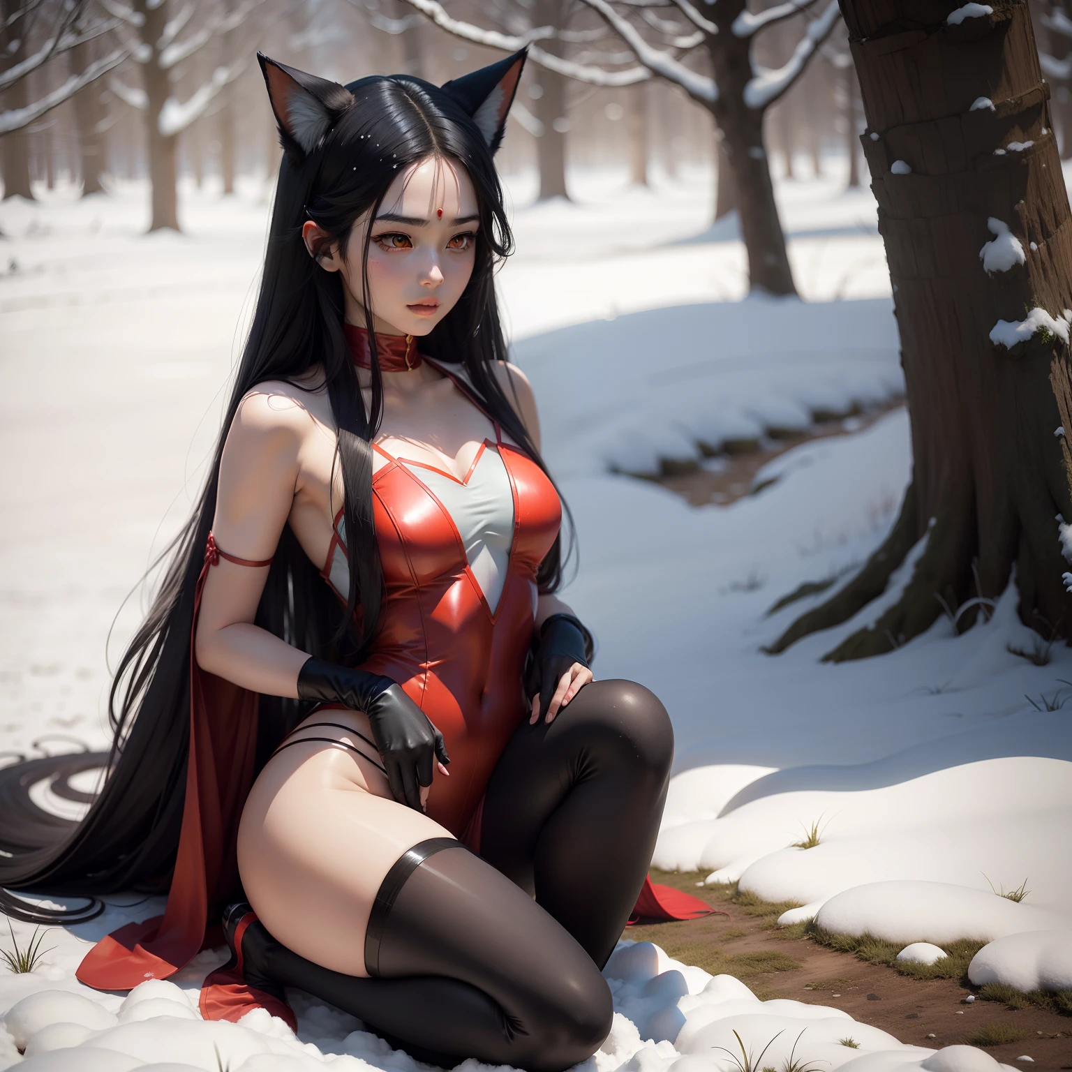 The nine-tailed fox wears a red tights,The figure is bumpy,Reveals snow-white skin,Long flowing black hair,Nehachi crouches on the grass and plays with the little fox