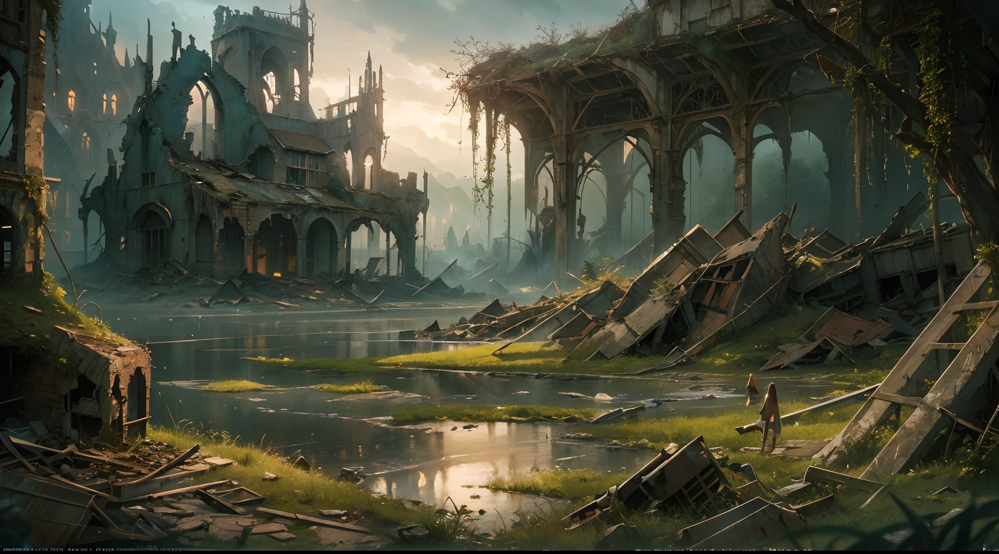 "(by Greg Rutkowski: 1.2), (masterpiece), (best quality), extremely delicate and beautiful, illustration, (fantasy landscape), A mesmerizing fantasy landscape with enchanting elements blending seamlessly. (mystical and otherworldly fantasy landscape with a sense of desolation, a charred and abandoned village in ruins), depth of field, HDR, intricate, delicate"