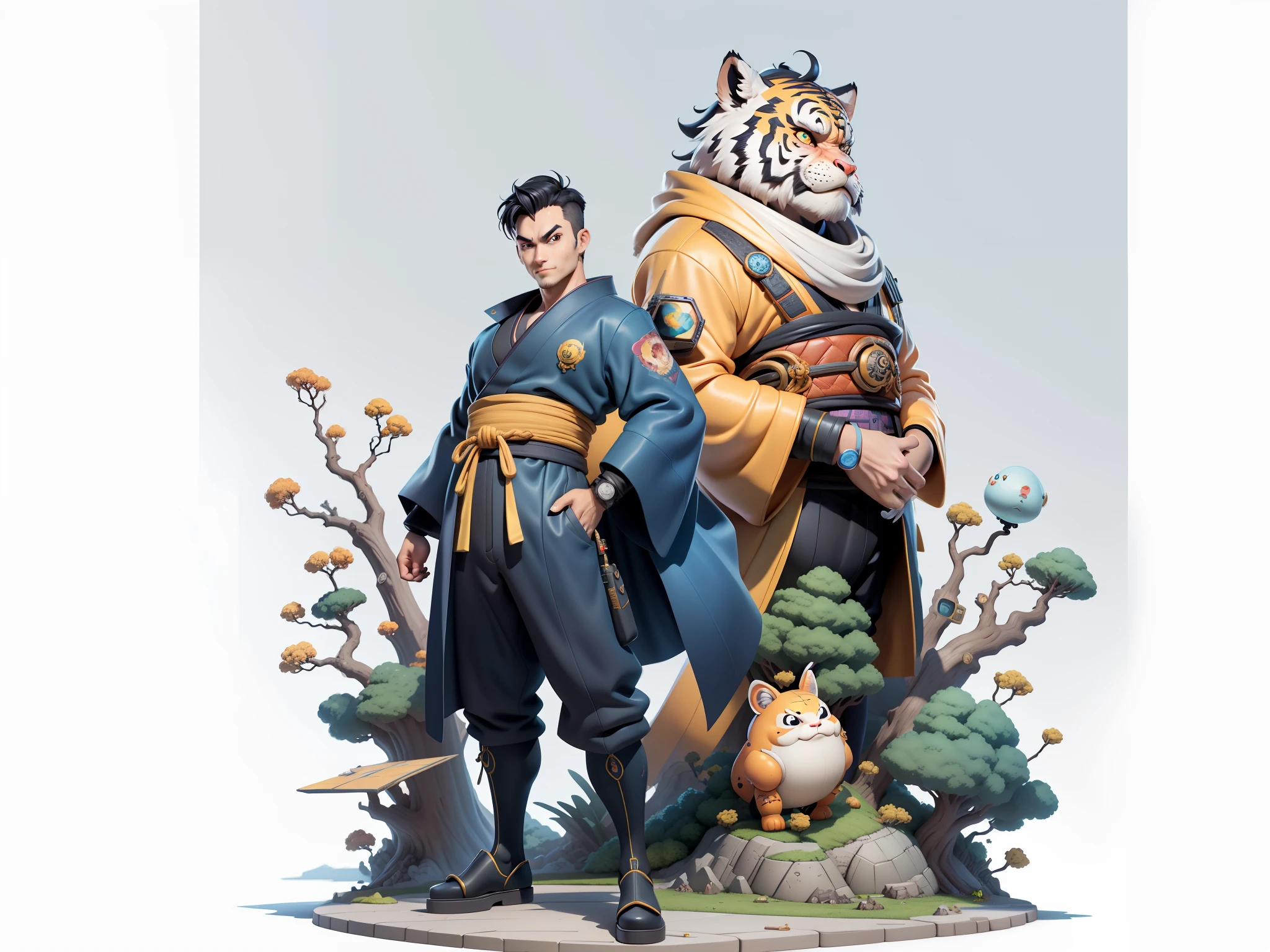(Masterpiece), (Excellent), (Super Meticulous), (Full Body: 1.2), Super Young Man, Oriental Face, Japanese Kimono, Japanese Wind Thunder God, Dragon, Tiger, TV Anchor, Bust Portrait Illustration, Alone, Black Suit, Blue Tie, Slightly Chubby Face, Very Clean Face, No Beard, Black Super Short Hair, Black Eyes, Confident Smile, 3c Computer Sub-Products, iPad, iPhone, Digital Painting, 3D Character Design by Akira Toriyama and Mark Claireden and Pixar and Hayao Miyazaki, The illustration is a high-definition illustration in 4K resolution with very detailed facial features and cartoon-style visuals.