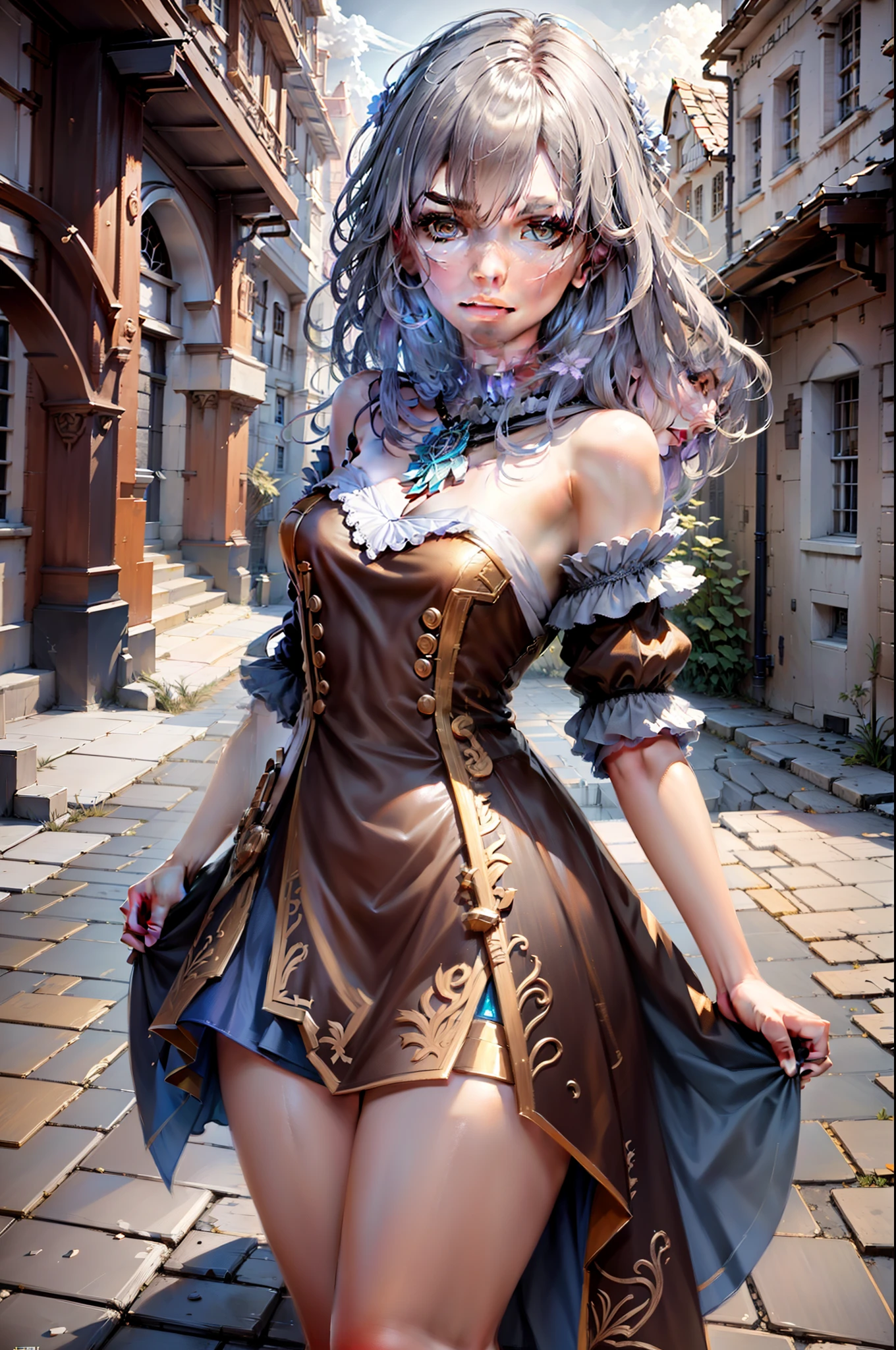 an ice goddess with white hair and lightning around her, corpo inteiro, cara perfeito legal ,rosto perfeito, retrato de arte conceitual por Greg Rutkowski, Hyper-detailed and intricately detailed Gothic art Fantastic, detalhes intrincados, tela inicial, cores complementares, arte conceitual de fantasia, 8K resolution