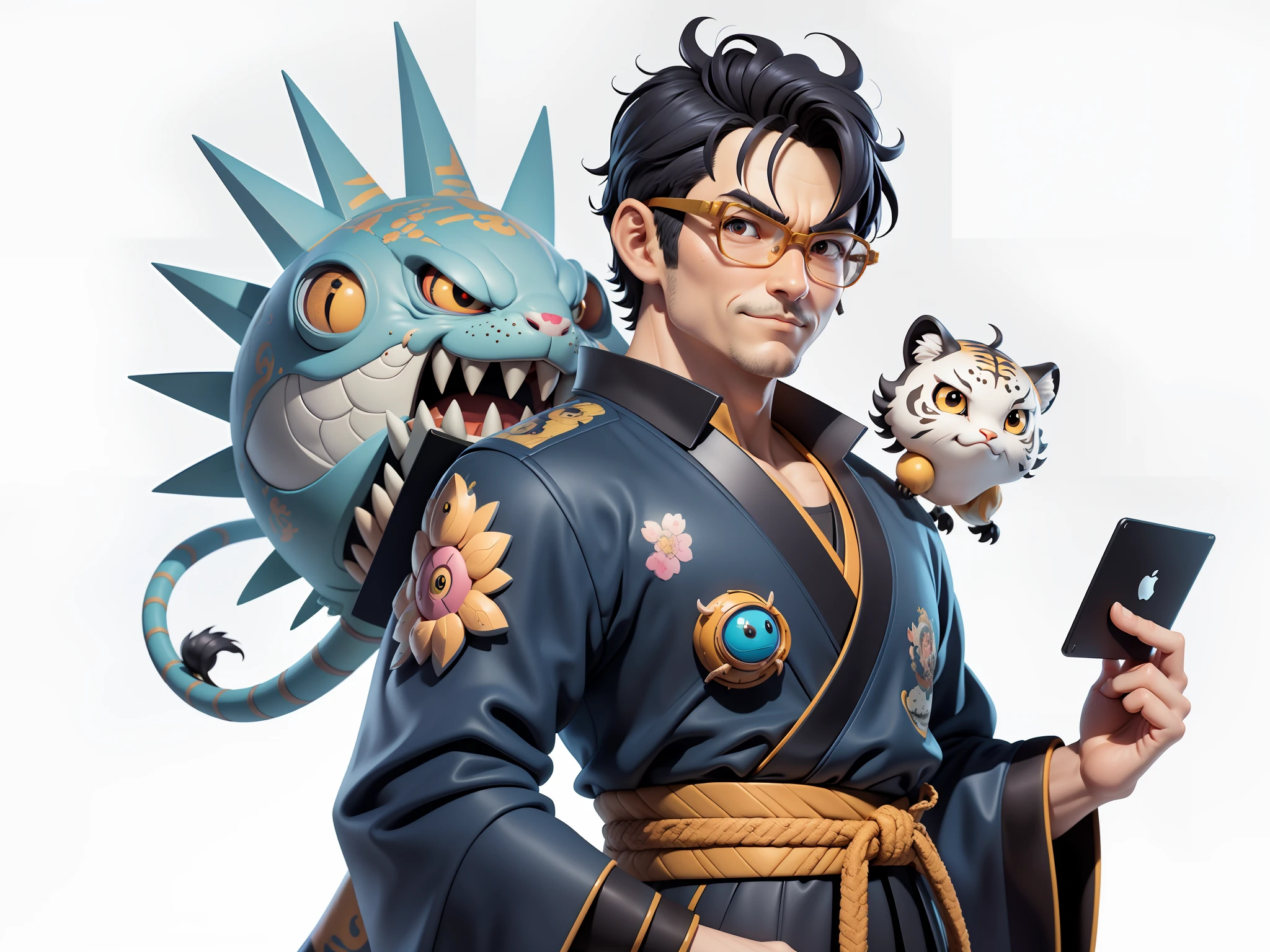 (Masterpiece), (Excellent), (Super Meticulous), (Full Body: 1.2), Super Young Man, Oriental Face, Japanese Kimono, Japanese Wind Thunder God, Dragon, Tiger, TV Anchor, Bust Portrait Illustration, Alone, Black Suit, Blue Tie, Slightly Chubby Face, Very Clean Face, No Beard, Black Super Short Hair, Black Eyes, Confident Smile, 3c Computer Sub-Products, iPad, iPhone, Digital Painting, 3D Character Design by Akira Toriyama and Mark Claireden and Pixar and Hayao Miyazaki, The illustration is a high-definition illustration in 4K resolution with very detailed facial features and cartoon-style visuals.