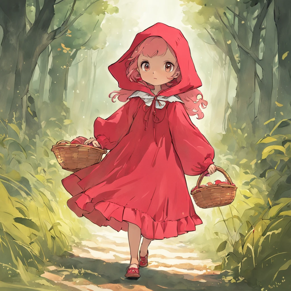 uma pintura de uma menina em um vestido rosa segurando uma cesta, de picnic vestido com um belo manto vermelho, fairy-tale illustration style, em estilo de arte vbowater, Little Red Riding Hood thief, pintura de personagem bonito, Chapeuzinho Vermelho, capuz e capa , uma capa vermelha, Assistente bonito, estilo bonito dos desenhos animados, Chapeuzinho Vermelho, Fairycore, vestido de capa