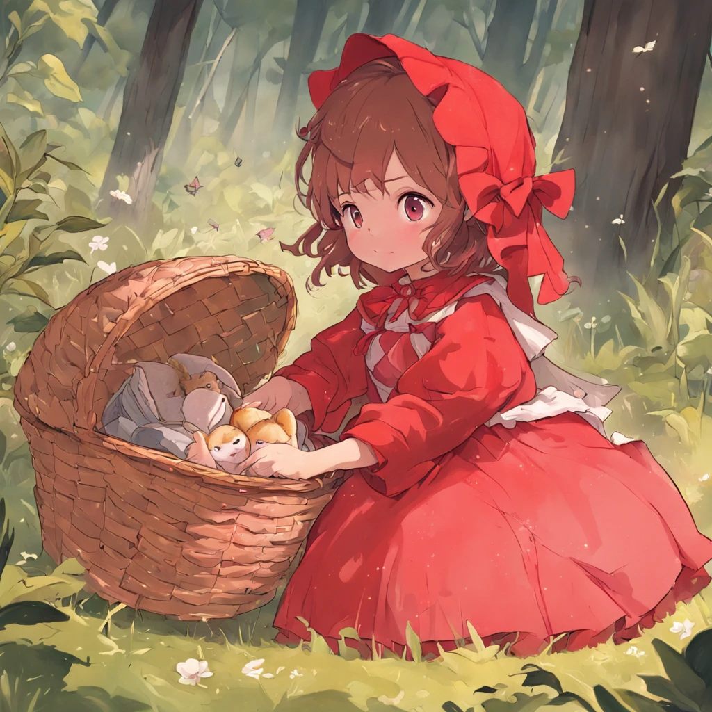 uma pintura de uma em um vestido rosa segurando uma cesta, de picnic vestido com um belo manto vermelho, fairy-tale illustration style, em estilo de arte vbowater, Little Red Riding Hood thief, pintura de personagem bonito, Chapeuzinho Vermelho, capuz e capa , uma capa vermelha, Assistente bonito, estilo bonito dos desenhos animados, Chapeuzinho Vermelho, Fairycore, vestido de capa