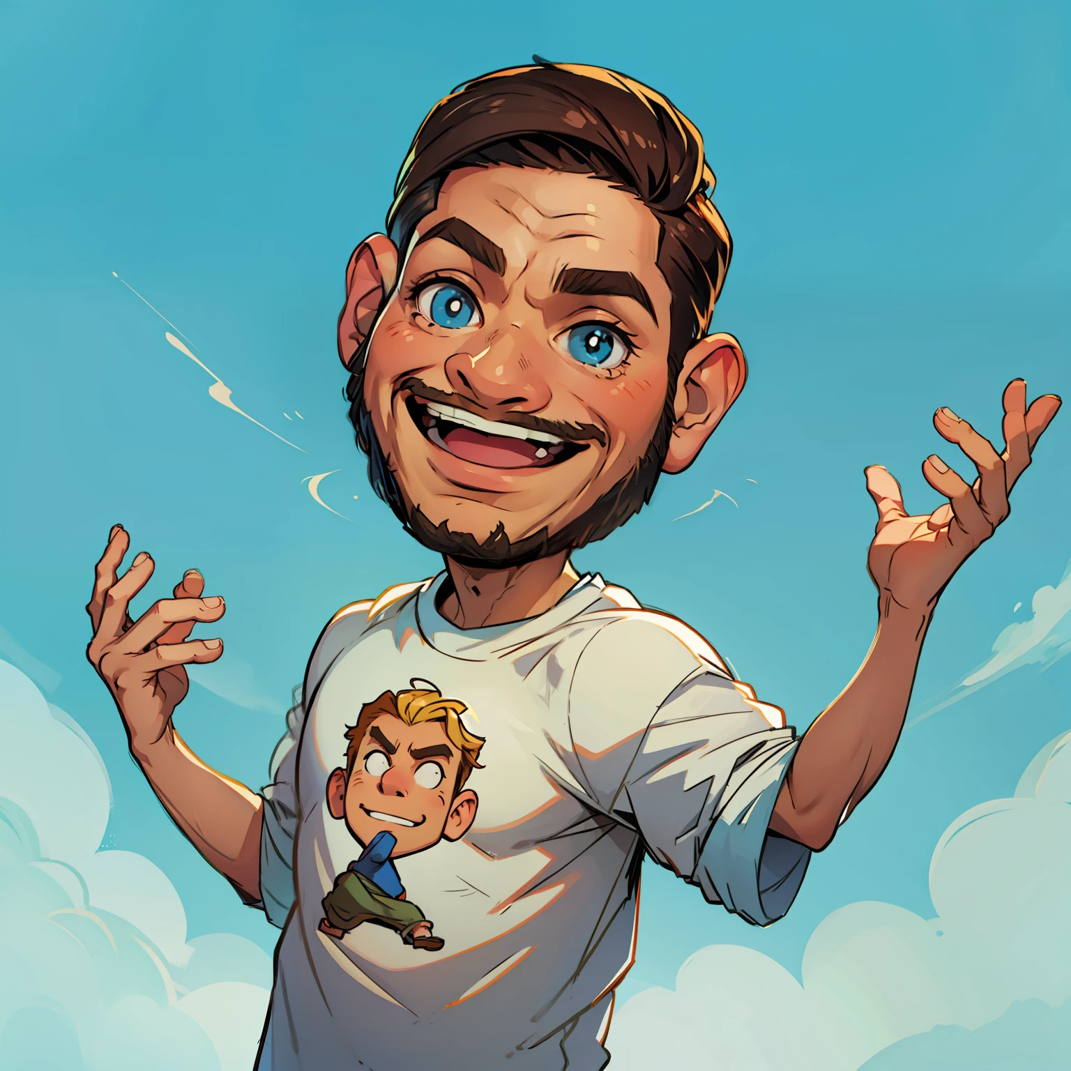 caricatura, homem com maos levantadas